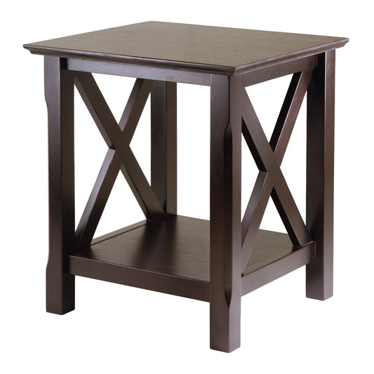 TABLE | Ergode Xola End Table | Stylish X Panel Design | 20W x 19.1D x 21.9H | Lower Shelf for Convenient Storage | Rich Cappuccino Finish | casafoyer.myshopify.com