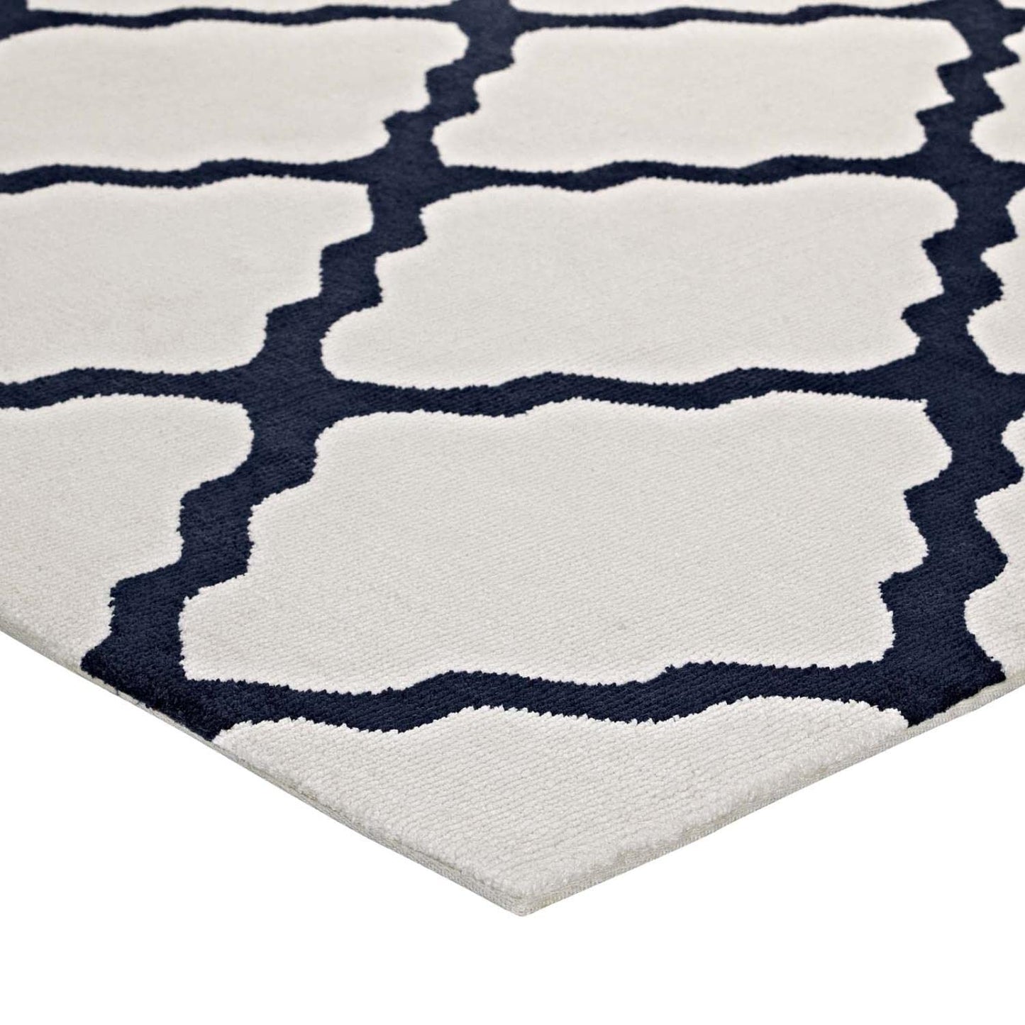 area rugs | CasaFoyer Marja Moroccan Trellis Area Rug | Soft, Elegant Lattice Design | Stain Resistant, Easy to Maintain | 5x8 Size | Ivory & Navy | casafoyer.myshopify.com