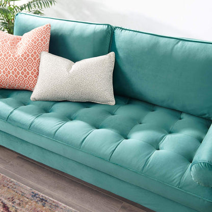 sofas | CasaFoyer Valour Mid-Century Sofa | Plush Velvet | Tufted Design | Walnut Legs | Stain-Resistant | Comfortable Foam Padding | Easy Assembly | casafoyer.myshopify.com