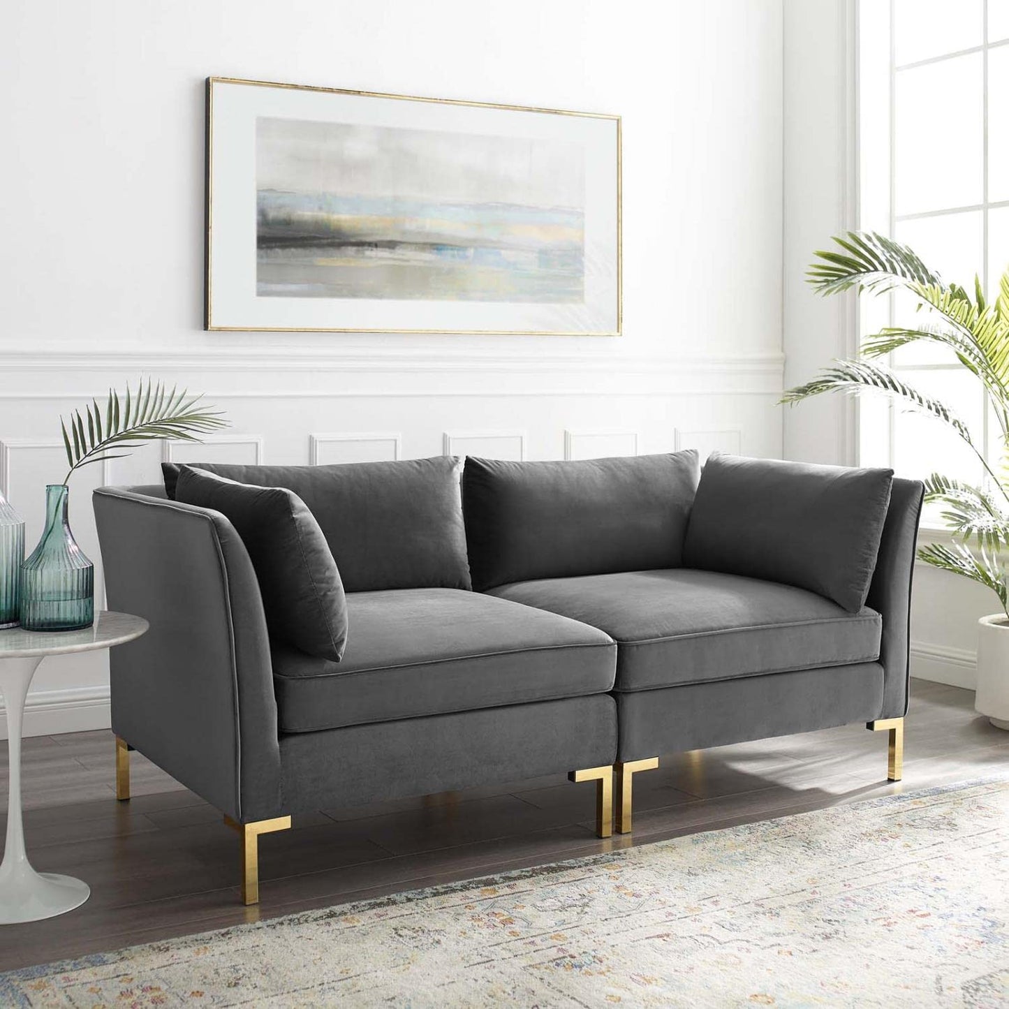 sofas | CasaFoyer Ardent Performance Velvet Loveseat | Vintage Modern Glam Deco Style | Luxurious Velvet Texture | French Piping | Configurable Sectional Sofa | Stain-Resistant | Comfortable Foam Padding | Gold Metal Legs | 440 lbs Weight Capacity | Gray | casafoyer.myshopify.com