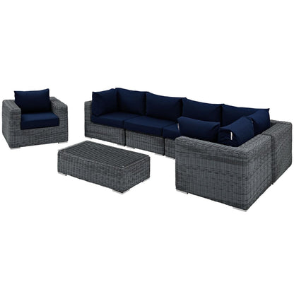 kitchen and dining room sets | CasaFoyer Summon Outdoor Patio Sectional Sofa Set | Two-Tone Rattan | Sunbrella Cushions | Aluminum Frame | Coffee Table | 7 Piece | Canvas Navy | casafoyer.myshopify.com