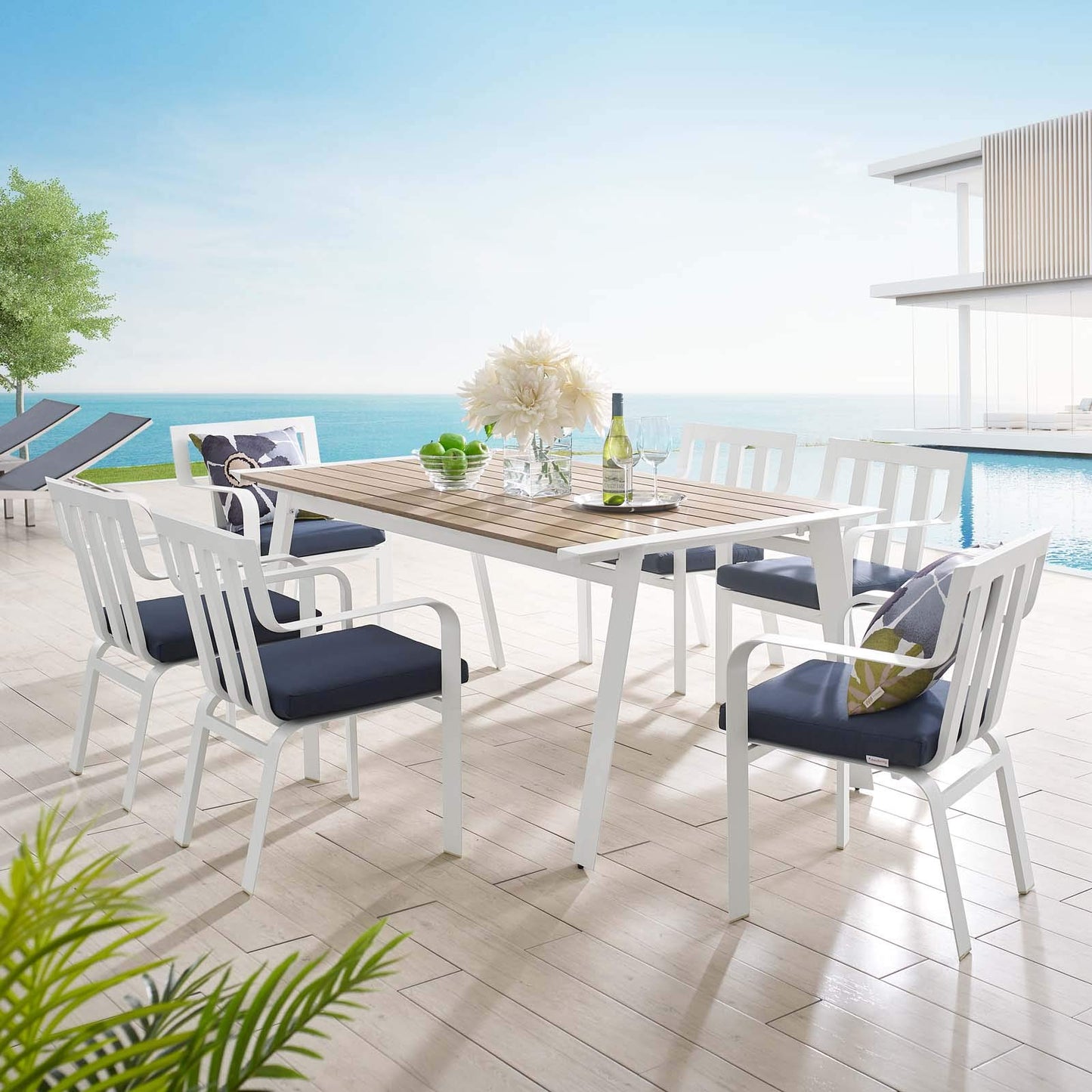 kitchen and dining room sets | CasaFoyer Outdoor 7 Piece Dining Patio Set | Roanoke 73 Aluminum Table & 6 Baxley Stackable Armchairs | Durable, Stylish, Comfortable for Outdoor Gatherings | casafoyer.myshopify.com