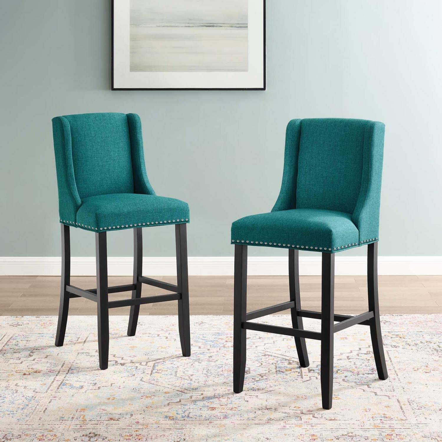 barstools | CasaFoyer Baron Upholstered Fabric Bar Stool Set of 2 | Teal | Contemporary Design | Nailhead Trim | Comfortable Foam Padding | Solid Wood Frame | 500 lbs Capacity | casafoyer.myshopify.com