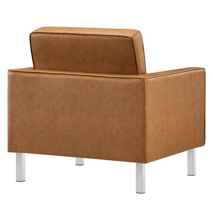home office desk chairs | CasaFoyer Loft Button Tufted Faux Leather Accent Armchair | Silver Tan | Modern Design | Stainless Steel Frame | 300 lbs Weight Capacity | 30.5L x 32W x 31H | casafoyer.myshopify.com