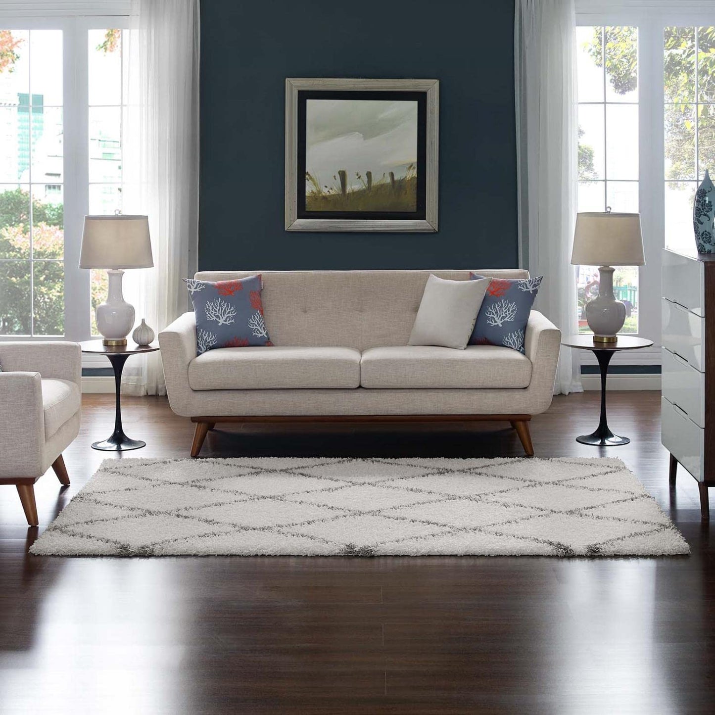 area rugs | CasaFoyer Toryn Diamond Lattice 5x8 Shag Area Rug | Elegant Design | Durable Polypropylene | Non-Shedding | Easy to Maintain | Ivory/Gray | casafoyer.myshopify.com
