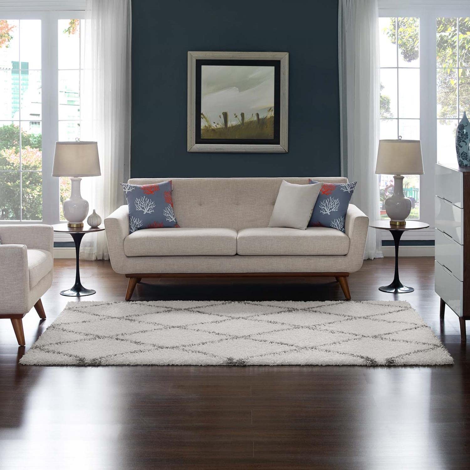 area rugs | CasaFoyer Toryn Diamond Lattice 5x8 Shag Area Rug | Elegant Design | Durable Polypropylene | Non-Shedding | Easy to Maintain | Ivory/Gray | casafoyer.myshopify.com