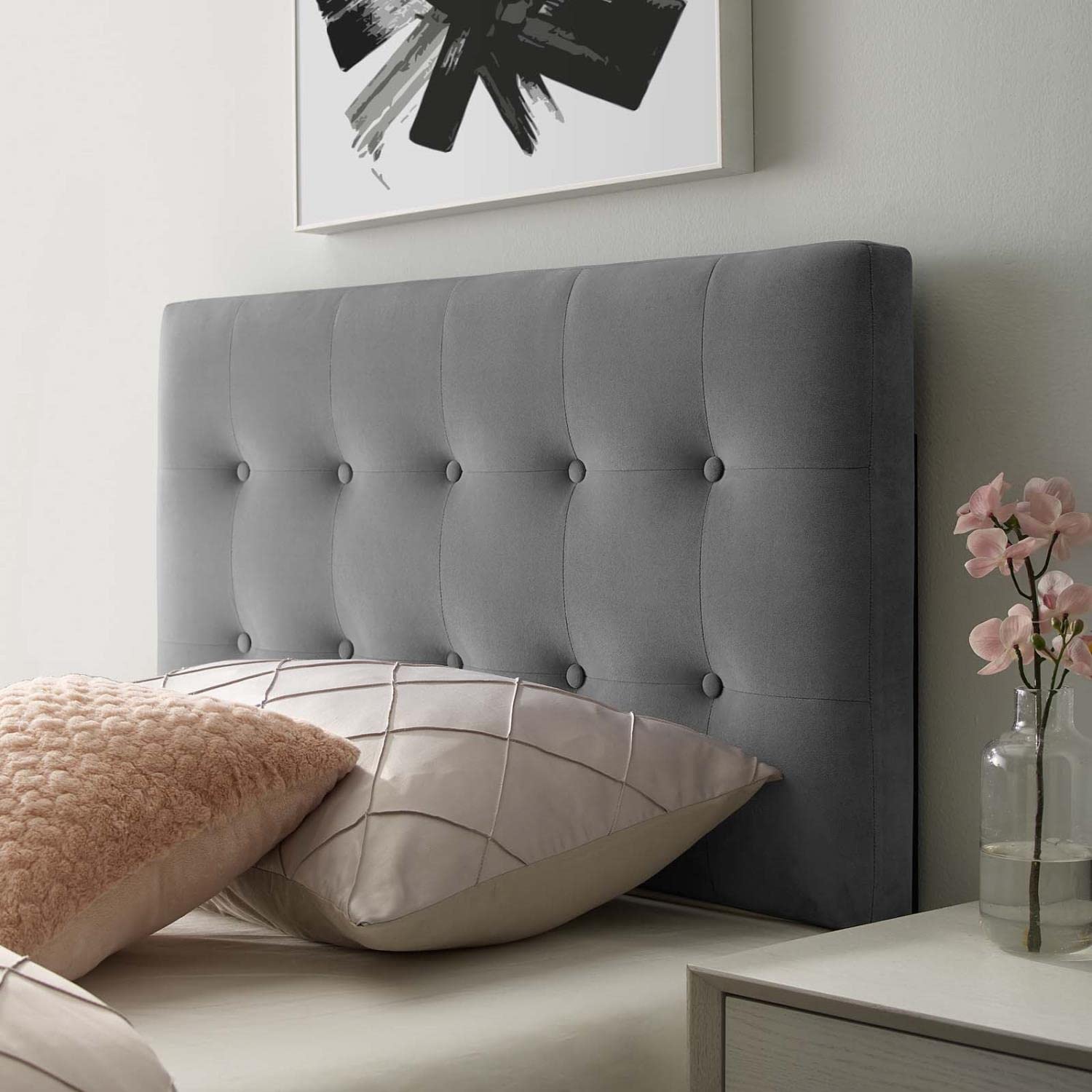 Bed | CasaFoyer Emily Biscuit Tufted Performance Velvet Twin Headboard | Timeless Charm | Contemporary Luxury | Stain-Resistant | Adjustable Height | Gray | casafoyer.myshopify.com