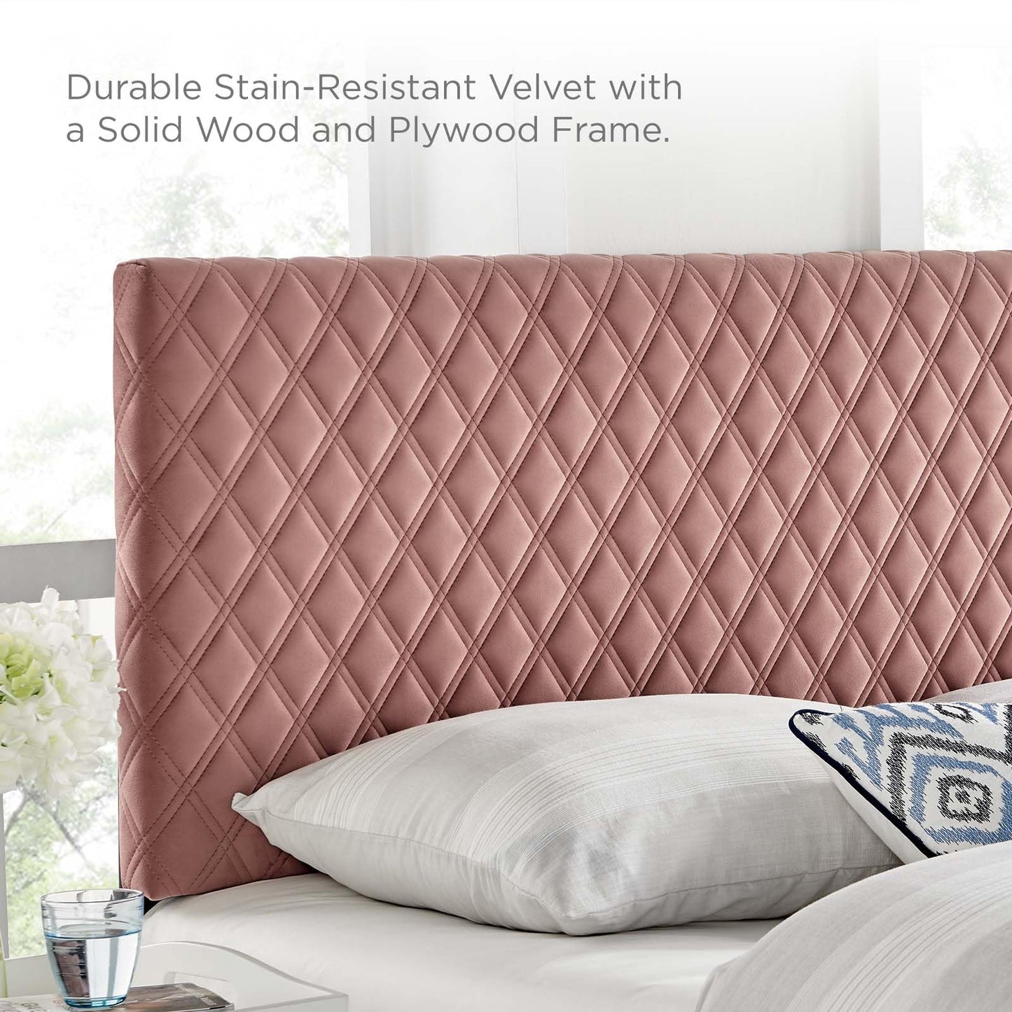 Bed | CasaFoyer Angela Tufted Diamond Lattice Performance Velvet King Headboard | Stain-Resistant Upholstery | Adjustable Height | Dusty Rose | casafoyer.myshopify.com