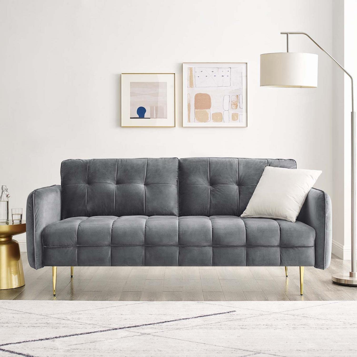 sofas | CasaFoyer Cameron Tufted Performance Velvet Sofa | Glamorous Mid-Century Modern Style | Stain-Resistant Upholstery | Luxurious Seating | Solid Wood Frame | Polished Gold Legs | Easy Assembly | Gray | casafoyer.myshopify.com
