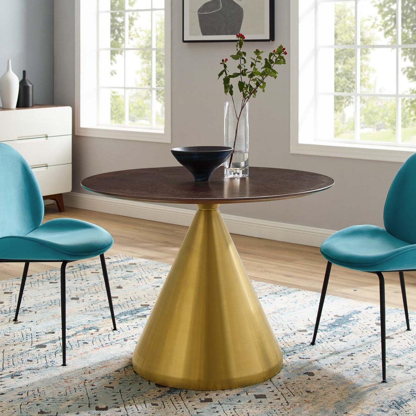 patio dining tables | CasaFoyer Tupelo 40 Dining Table | Modern Style with Mid-Century Charm | Sturdy Conical Pedestal Base | Polished Gold Metal Finish | Easy to Clean | Non-Marking Ring | Assembly Required | casafoyer.myshopify.com