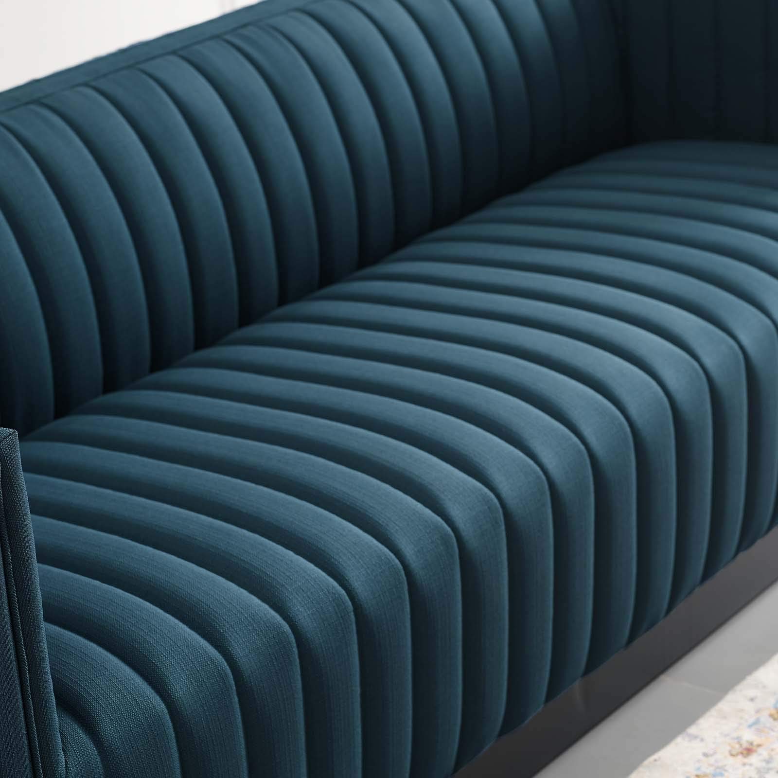 sofas | CasaFoyer Magnetic Cachet | Conjure Channel Tufted Fabric Sofa | Luxurious Glam Deco Style | Retro Modern Charm | Premium Seating | Matte Black Wooden Base | casafoyer.myshopify.com