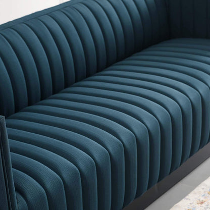 sofas | CasaFoyer Magnetic Cachet | Conjure Channel Tufted Fabric Sofa | Luxurious Glam Deco Style | Retro Modern Charm | Premium Seating | Matte Black Wooden Base | casafoyer.myshopify.com