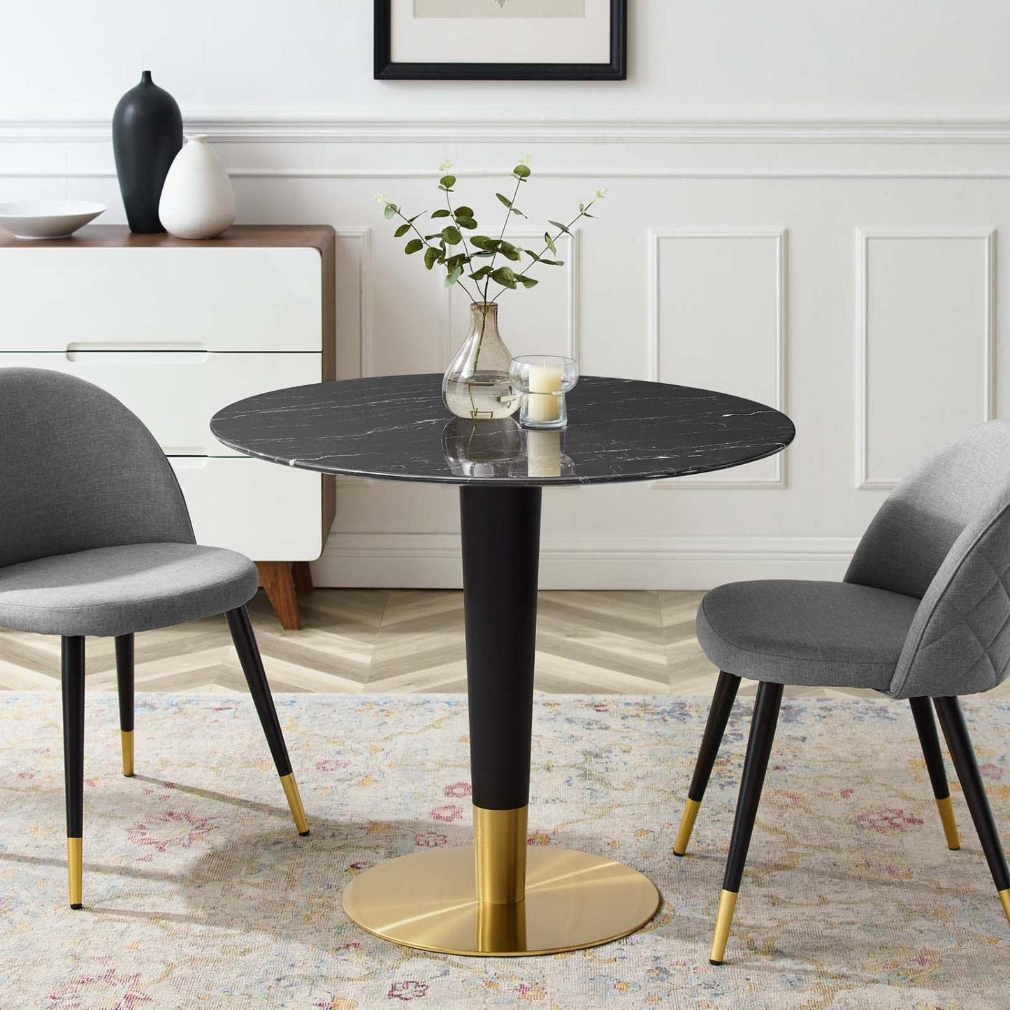 patio dining tables | CasaFoyer Zinque Dining Table | 36 Artificial Marble Top | Modern Mid-Century Design | Gold Black Base | Easy to Clean | Perfect for Entertaining or Everyday Dining | casafoyer.myshopify.com