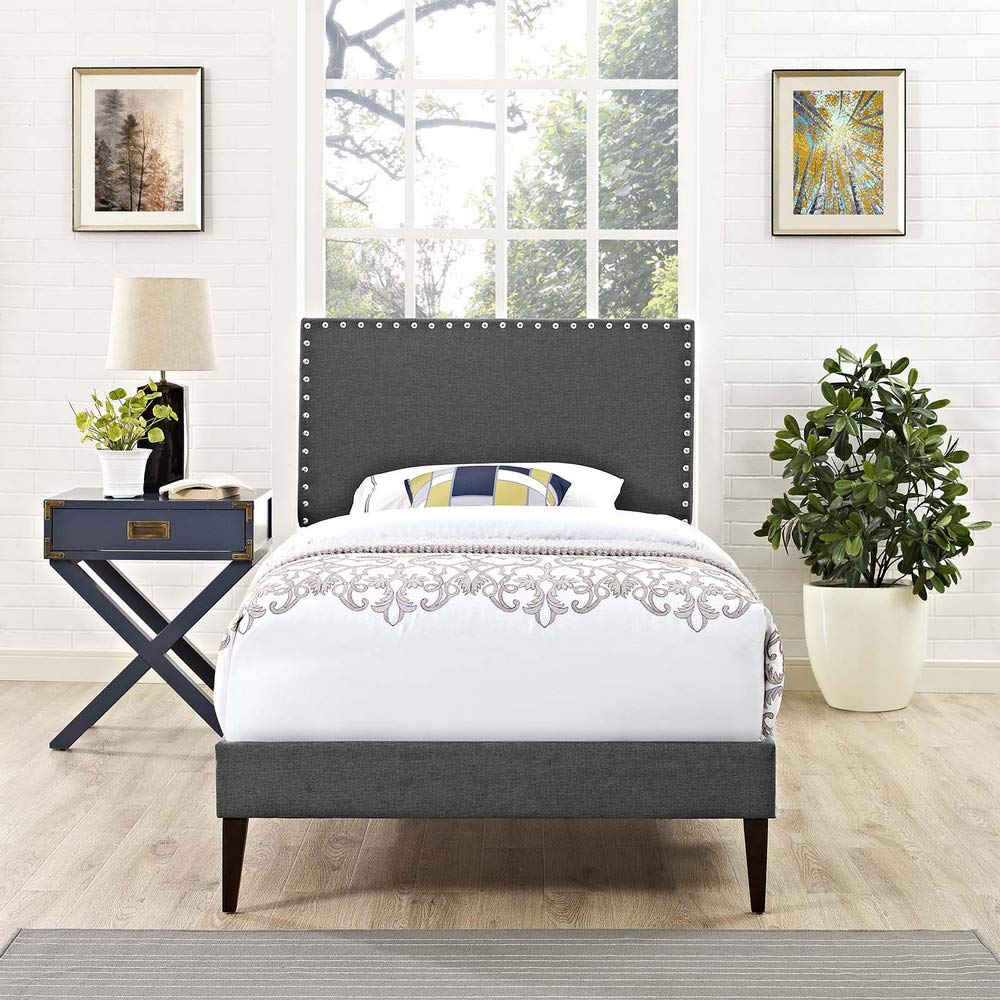 bed frames | CasaFoyer Macie Platform Bed | Wooden Frame | Polyester Upholstery | Tapered Wood Legs | No Box Spring Needed | Compatible with Memory Foam Mattresses | Ideal for Mid-Century Modern Bedrooms | Gray | casafoyer.myshopify.com