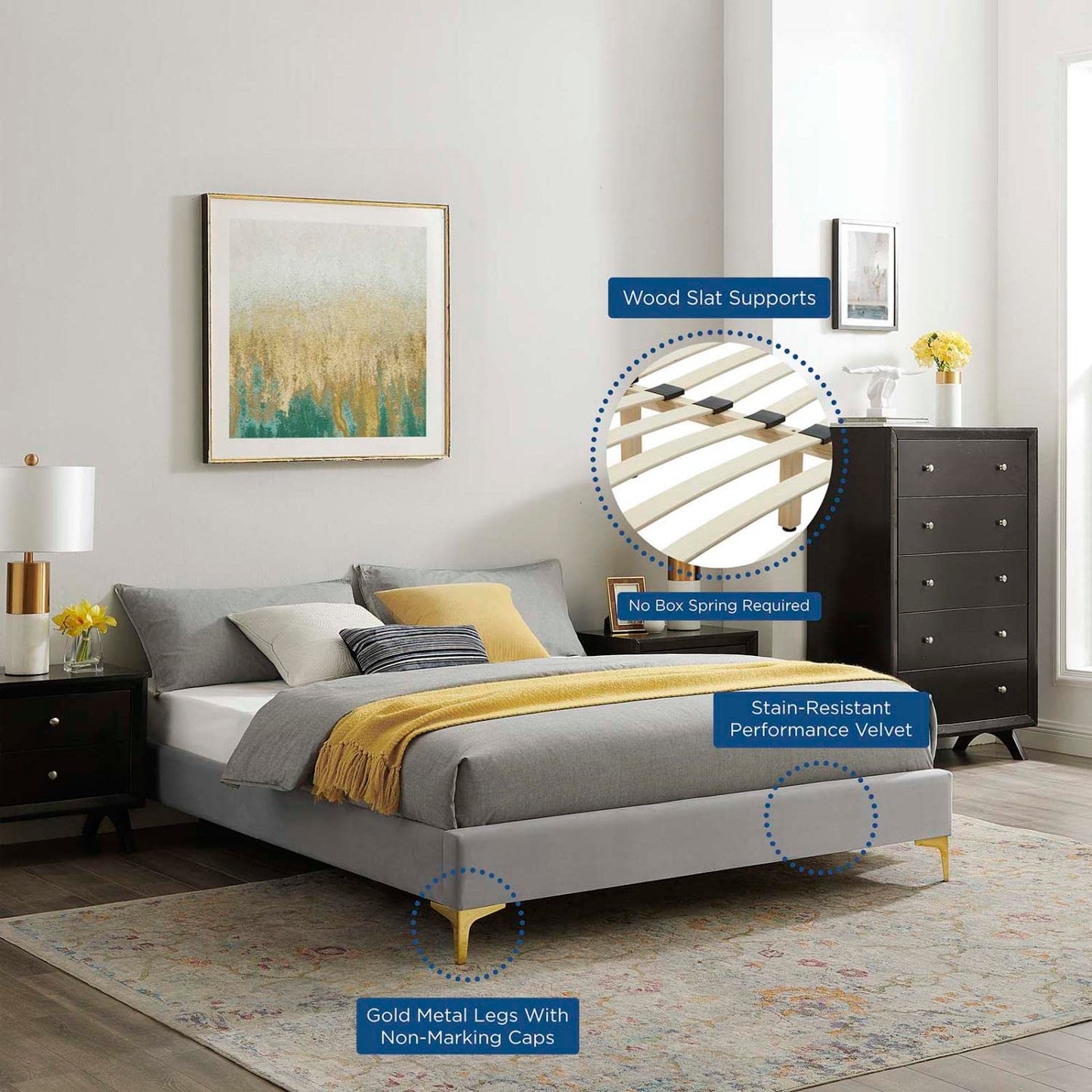 bed frames | CasaFoyer Sutton Performance Velvet Queen Bed Frame | Stain-Resistant | Durable | Supports Memory Foam, Innerspring, Latex, and Hybrid Mattresses | No Box Spring Needed | Gold Metal Legs | 800 lbs Weight Capacity | Assembly Required | casafoyer.myshopify.com