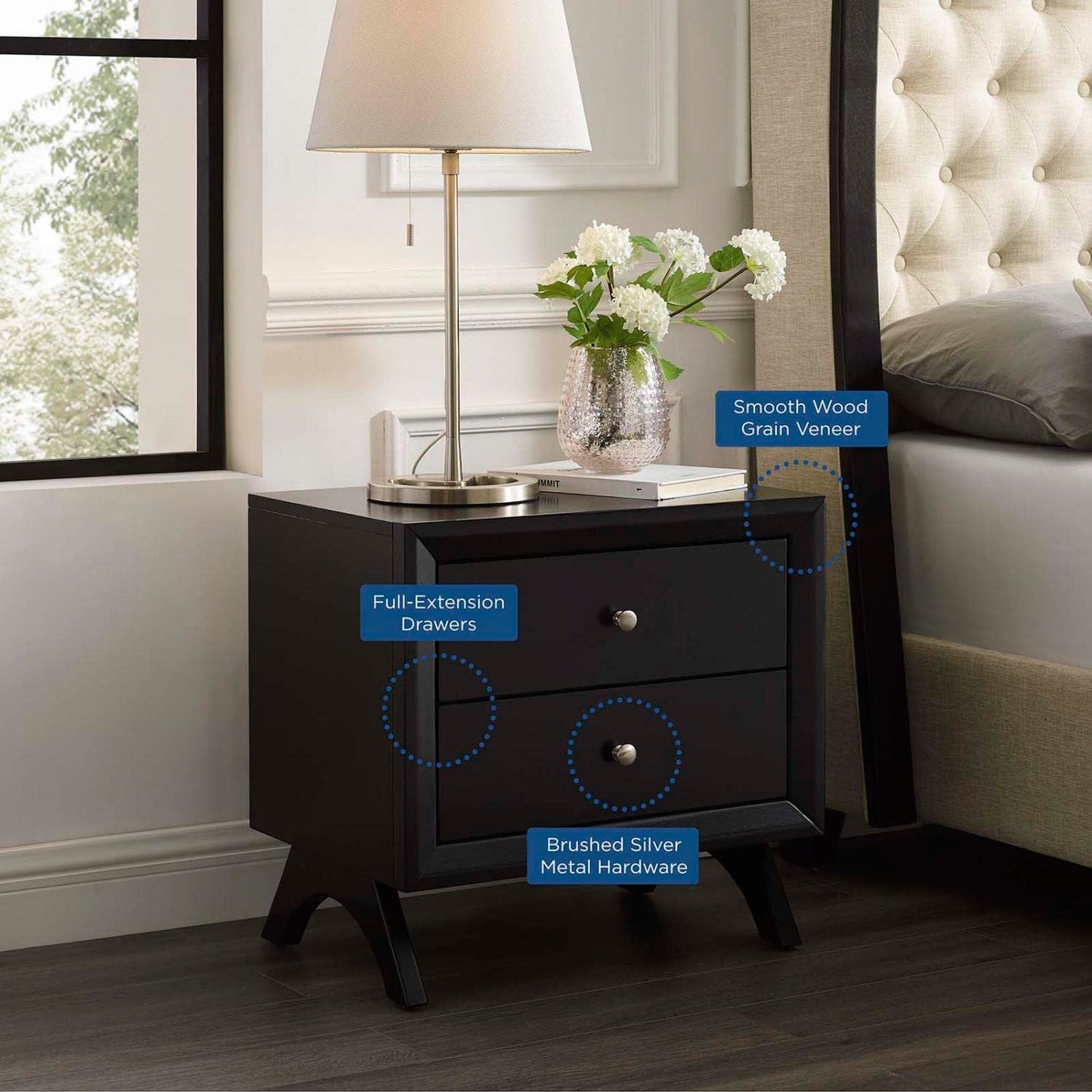 TABLE | CasaFoyer Providence Retro Style Nightstand or End Table | Solid Wood Construction | Mid-Century Design | 2 Drawers for Ample Storage | Walnut Finish | casafoyer.myshopify.com