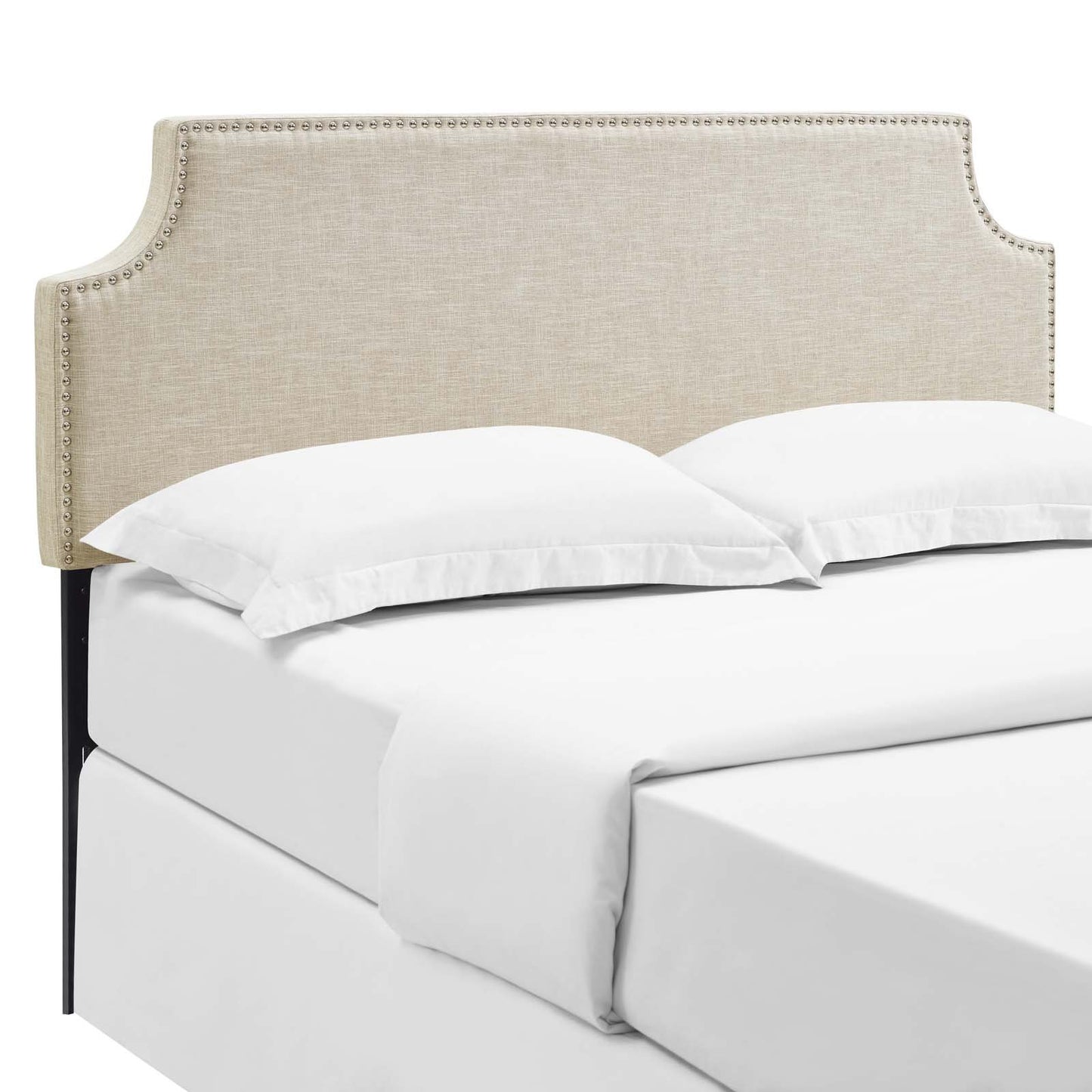 Bed | CasaFoyer  Laura Fabric Upholstered Queen Headboard | Sleek Design | Silver Nail Trim | Sturdy Wood Frame | Adjustable Legs | Luxurious Linen Fabric | Elegant Beige Color | casafoyer.myshopify.com