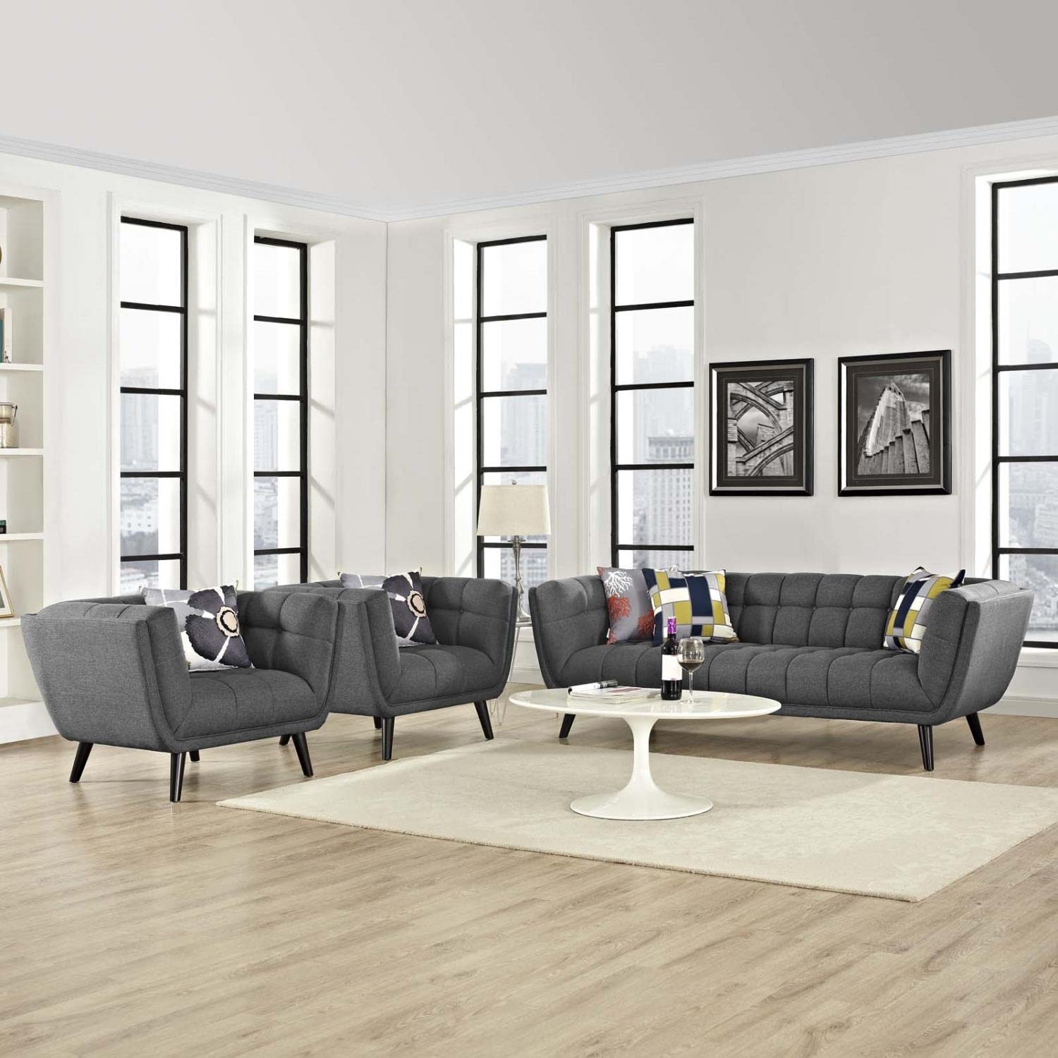 kitchen and dining room sets | CasaFoyer Bestow Collection | Upholstered Sofa & Armchair Set - Gray | Polyester Fabric | Button Tufting | Splayed Legs | Mid-Century Modern Farmhouse | 3 Piece | casafoyer.myshopify.com