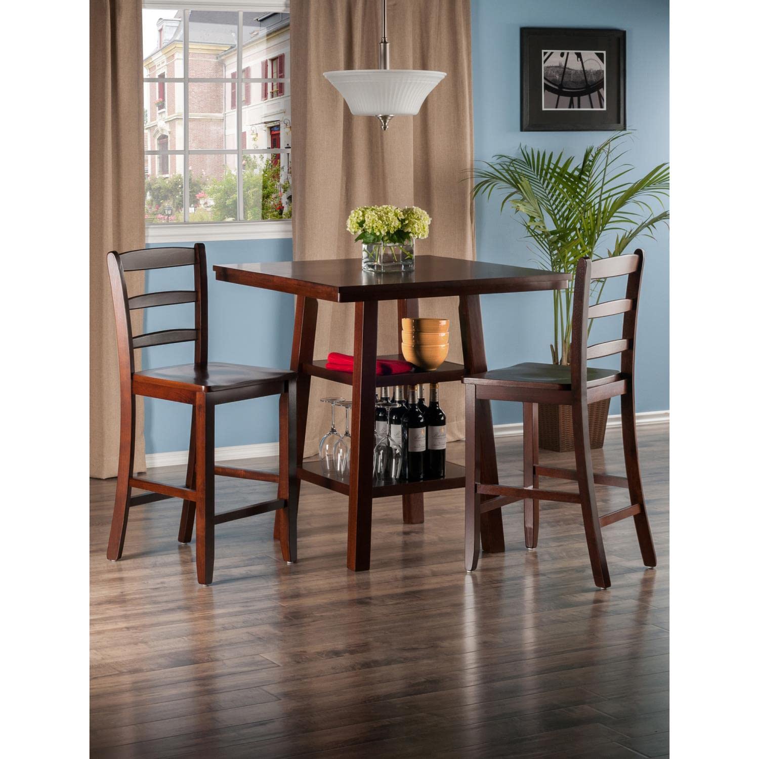 childrens table and chair sets | CasaFoyer Orlando High Table and Ladder Back Stool Set | Antique Design | 3-Piece | Walnut Finish | Solid Wood | 2 Shelves | Space-Saving | Comfortable | Easy Assembly | casafoyer.myshopify.com