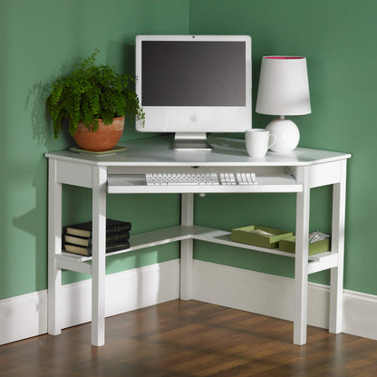 Desk | Contemporary White Corner Desk | Cord Keeper | Fold-Down Drawer | L-Shaped Shelf | Stylish & Practical Home Office Furniture | casafoyer.myshopify.com