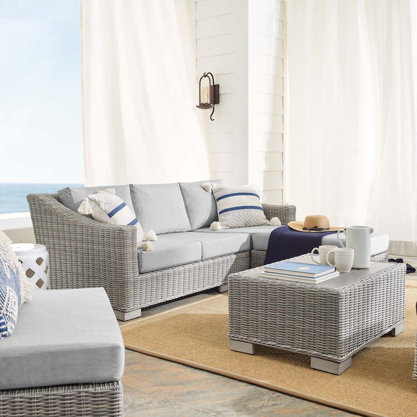 kitchen and dining room sets | CasaFoyer Conway Outdoor Patio Sunbrella Wicker Rattan 5-Piece Furniture Set | Light Gray | UV-Resistant | Water-Resistant | Comfortable Seating | Durable Frame | casafoyer.myshopify.com