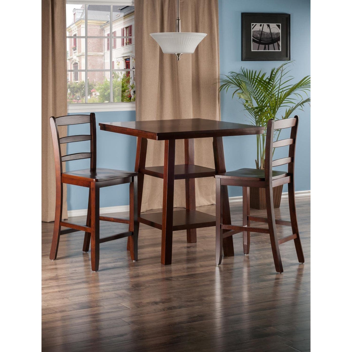childrens table and chair sets | CasaFoyer Orlando High Table and Ladder Back Stool Set | Antique Design | 3-Piece | Walnut Finish | Solid Wood | 2 Shelves | Space-Saving | Comfortable | Easy Assembly | casafoyer.myshopify.com