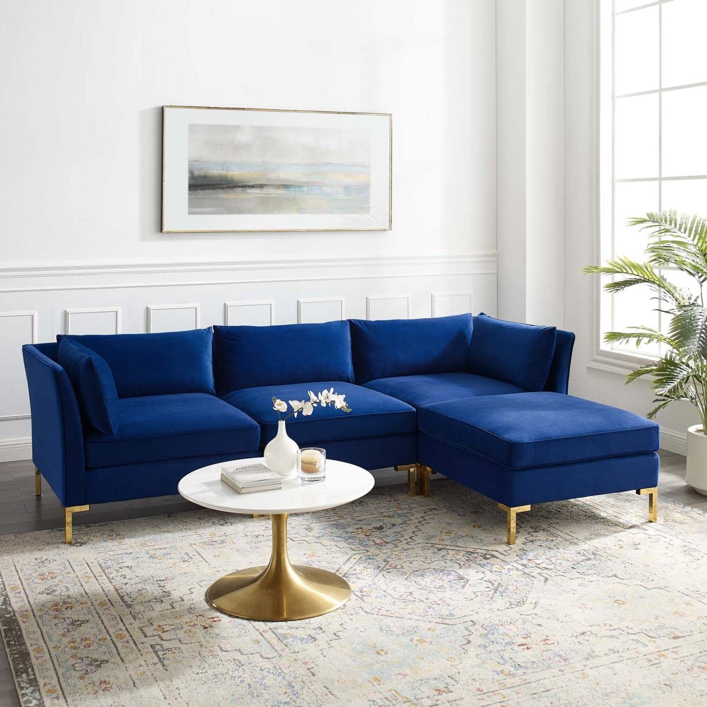 kitchen and dining room sets | CasaFoyer Ardent Performance Velvet 4-Piece Sectional Sofa | Vintage Modern Glam Deco Design | Stain-Resistant Velvet | Comfortable Seating | Gold Metal Legs | Easy Maintenance | Navy | casafoyer.myshopify.com