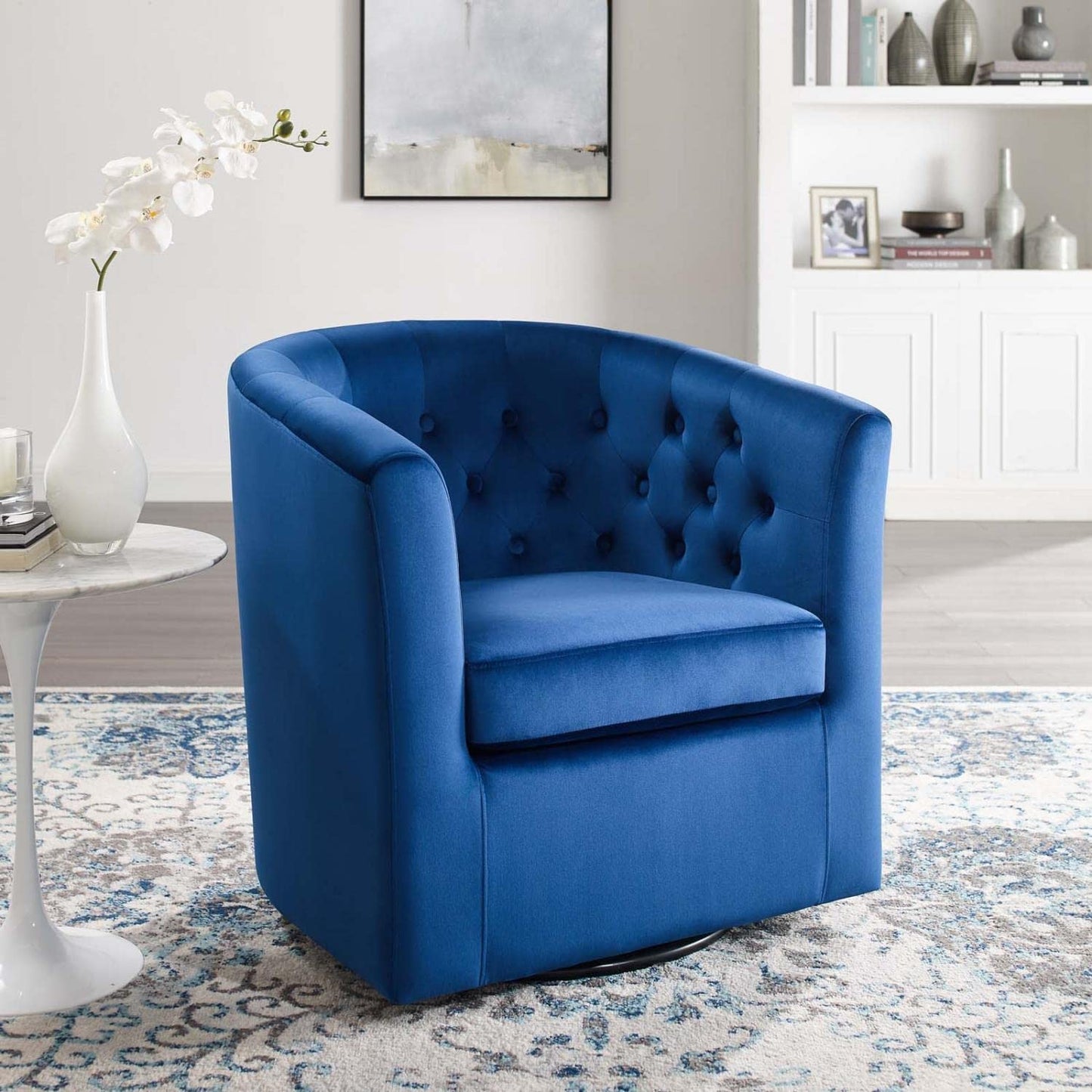 home office desk chairs | CasaFoyer Prospect Performance Velvet Swivel Armchair | Modern Design | Stain-Resistant Fabric | Tufted Accents | Retro Modern Charm | Comfortable & Sturdy | Navy | casafoyer.myshopify.com