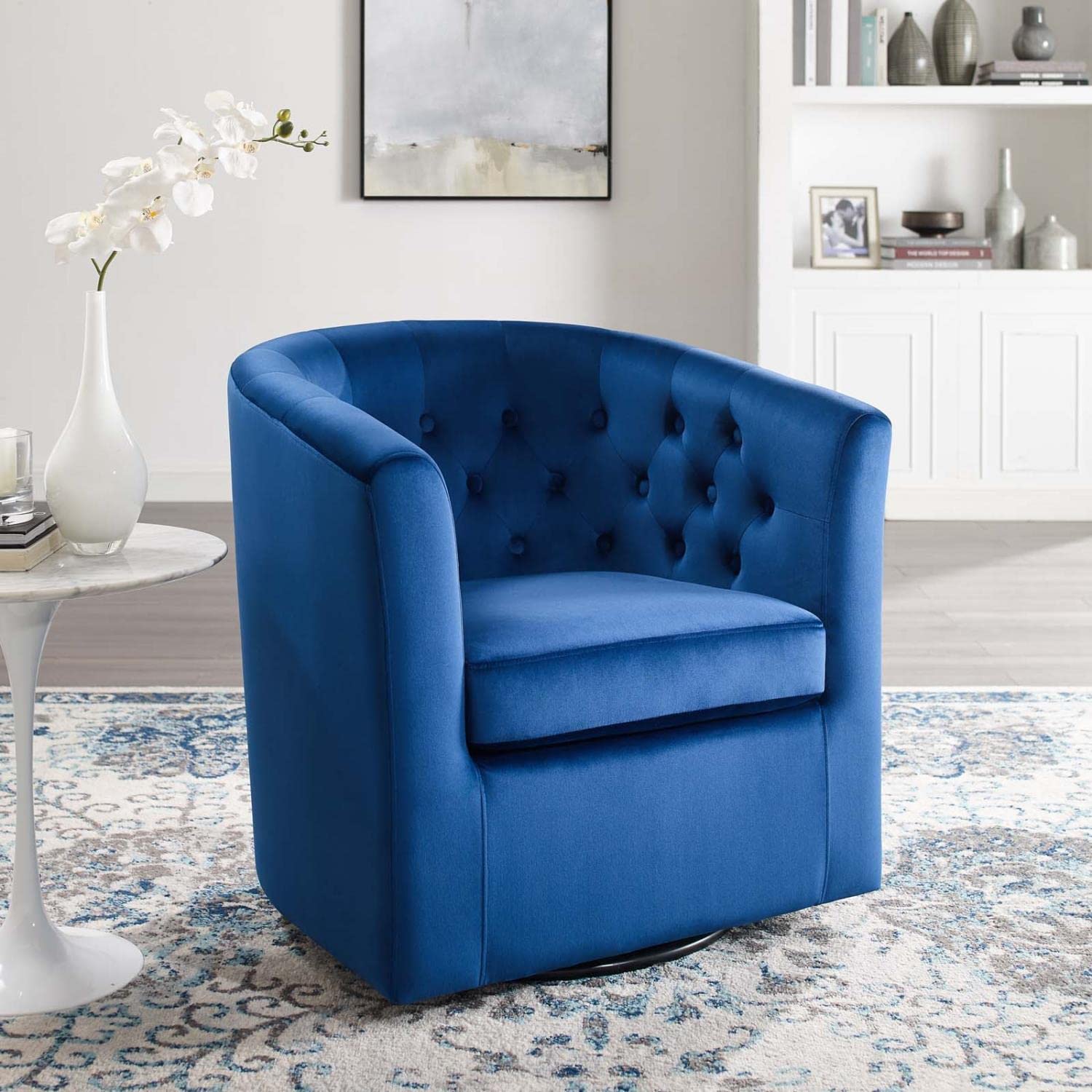 home office desk chairs | CasaFoyer Prospect Performance Velvet Swivel Armchair | Modern Design | Stain-Resistant Fabric | Tufted Accents | Retro Modern Charm | Comfortable & Sturdy | Navy | casafoyer.myshopify.com
