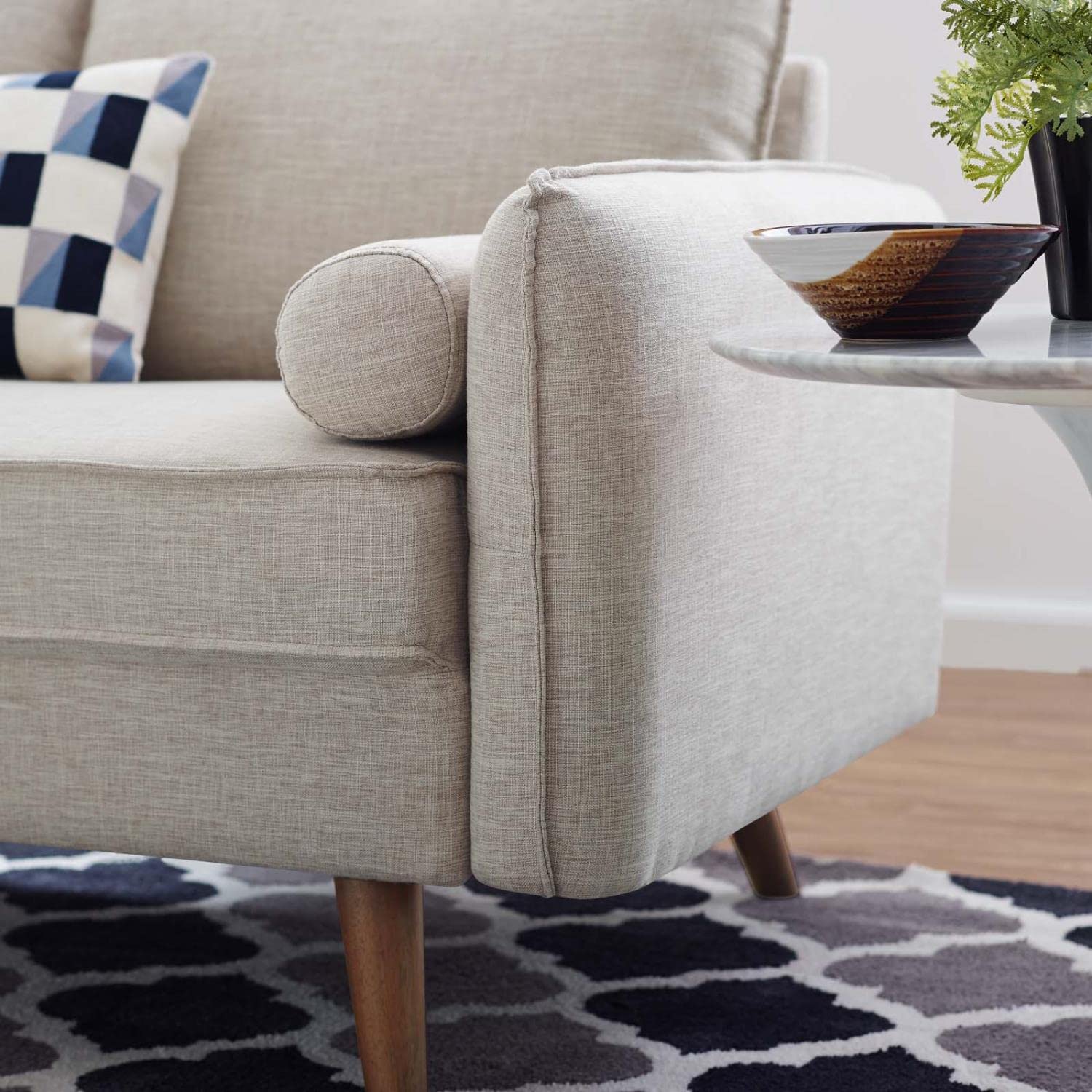 sofas | CasaFoyer Revive Loveseat | Cozy & Refined Design | Soft Fabric Upholstery | Bolster Pillows | Splayed Wood Legs | Perfect for Home or Apartment | casafoyer.myshopify.com