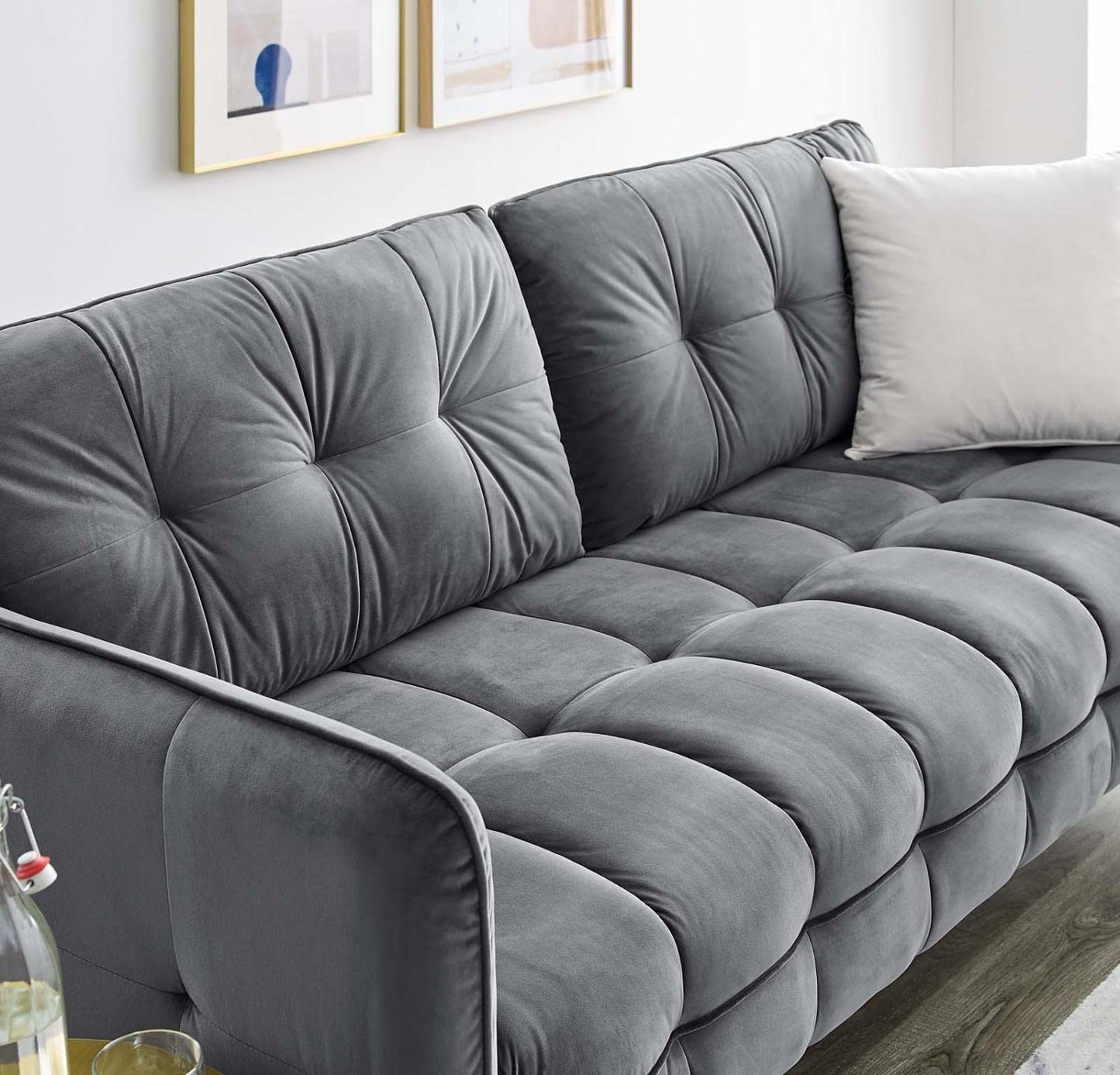 sofas | CasaFoyer Cameron Tufted Performance Velvet Sofa | Glamorous Mid-Century Modern Style | Stain-Resistant Upholstery | Luxurious Seating | Solid Wood Frame | Polished Gold Legs | Easy Assembly | Gray | casafoyer.myshopify.com
