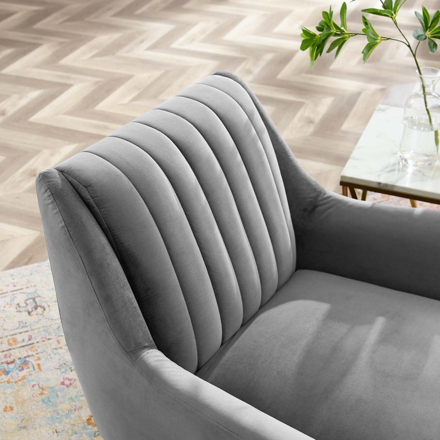 home office desk chairs | CasaFoyer Winsome Channel Tufted Performance Velvet Armchair | Elegant Vintage Design | Stain-Resistant | Comfortable | Gold Accents | Flared Silhouette | Gray | casafoyer.myshopify.com