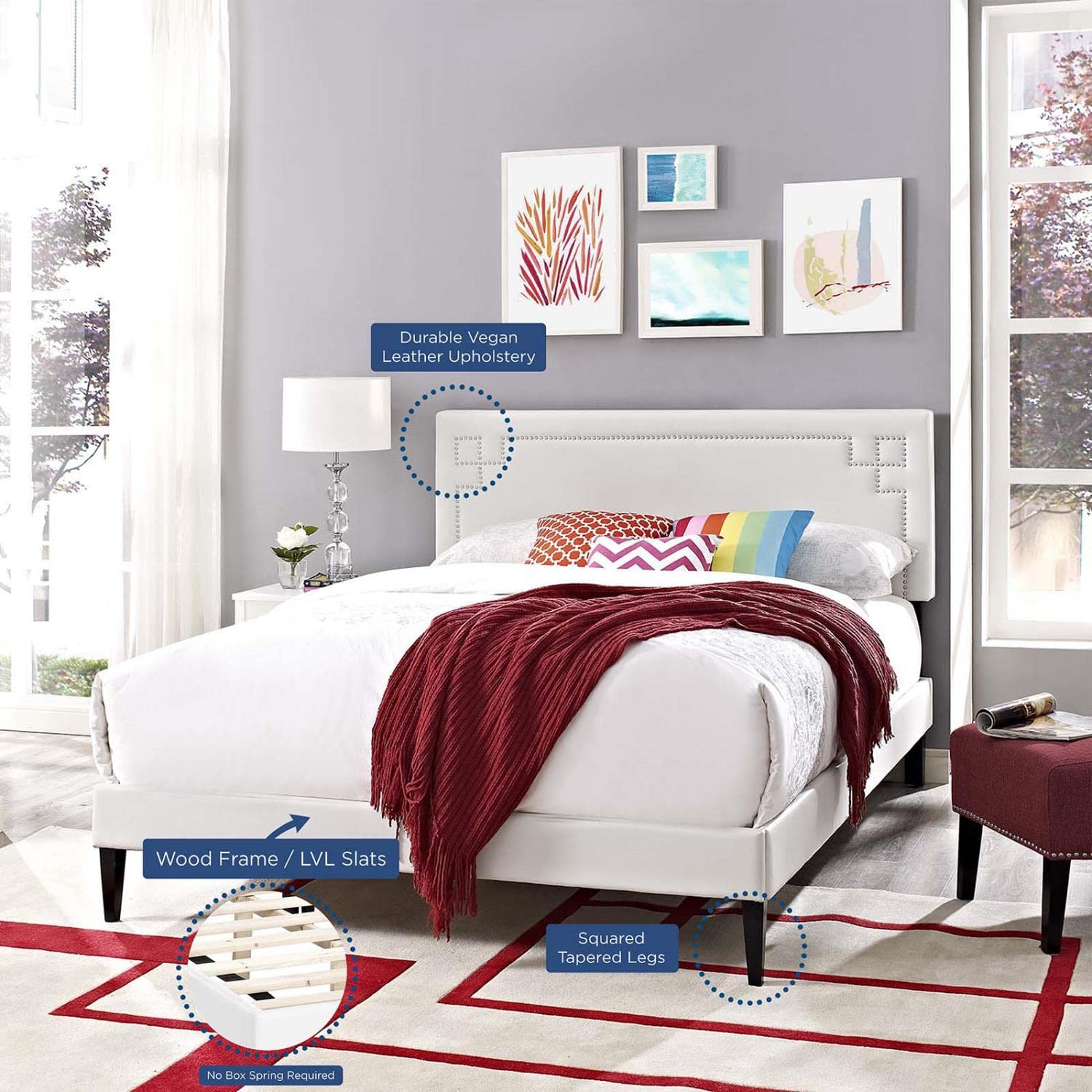 Bed | CasaFoyer Ruthie Platform Bed | Solid Wood | Vinyl Upholstery | Tapered Legs | No Box Spring Needed | Compatible with Memory Foam Mattresses | Queen Size | White | casafoyer.myshopify.com