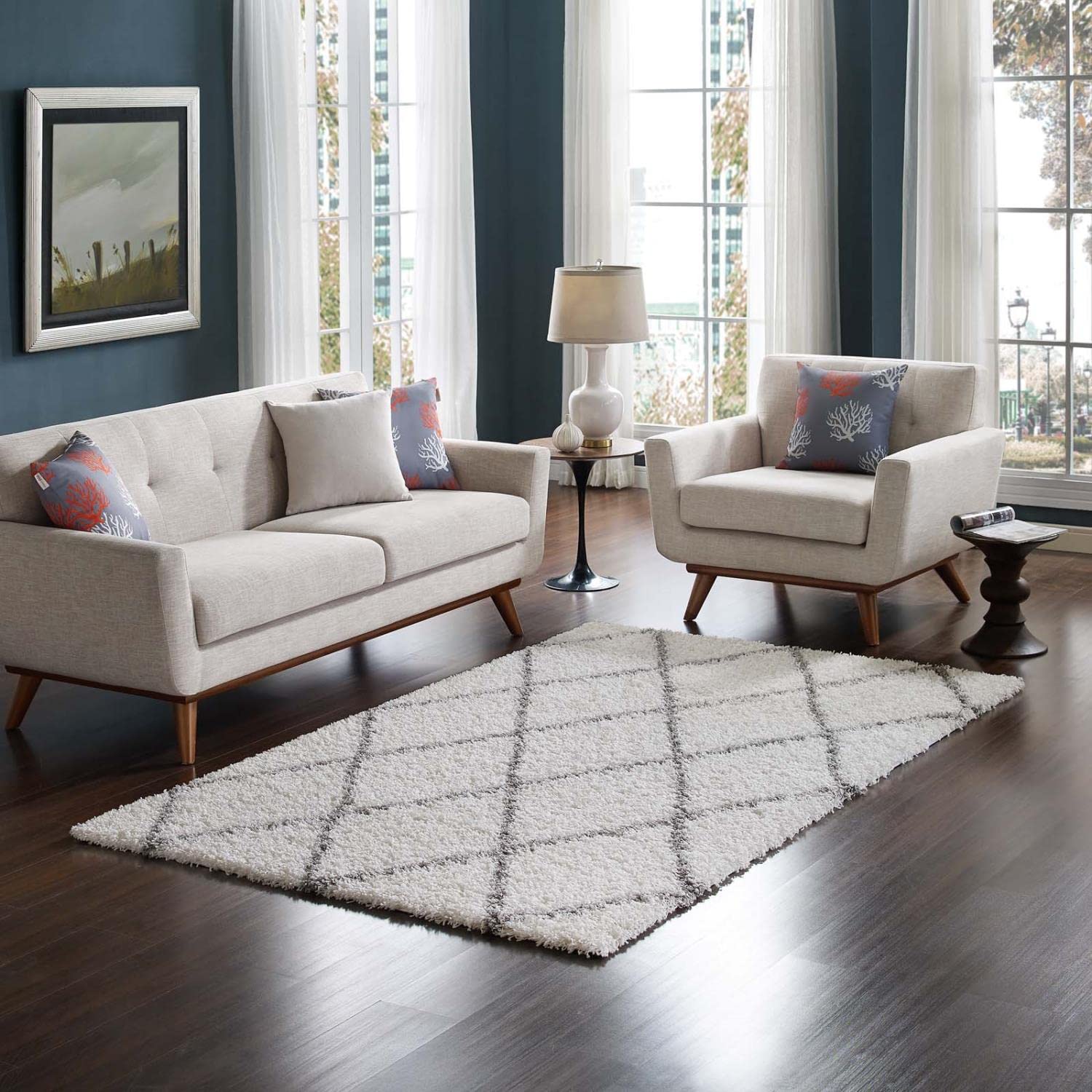area rugs | CasaFoyer Toryn Diamond Lattice 5x8 Shag Area Rug | Elegant Design | Durable Polypropylene | Non-Shedding | Easy to Maintain | Ivory/Gray | casafoyer.myshopify.com