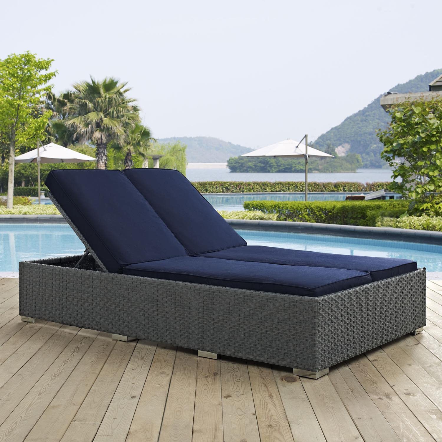 Patio Furniture Sets | Sojourn Outdoor Patio Double Chaise Lounge Chair | Sunbrella Fabric | UV Protection | Powder-Coated Aluminum Frame | Chocolate Navy | casafoyer.myshopify.com