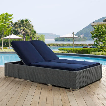Patio Furniture Sets | Sojourn Outdoor Patio Double Chaise Lounge Chair | Sunbrella Fabric | UV Protection | Powder-Coated Aluminum Frame | Chocolate Navy | casafoyer.myshopify.com