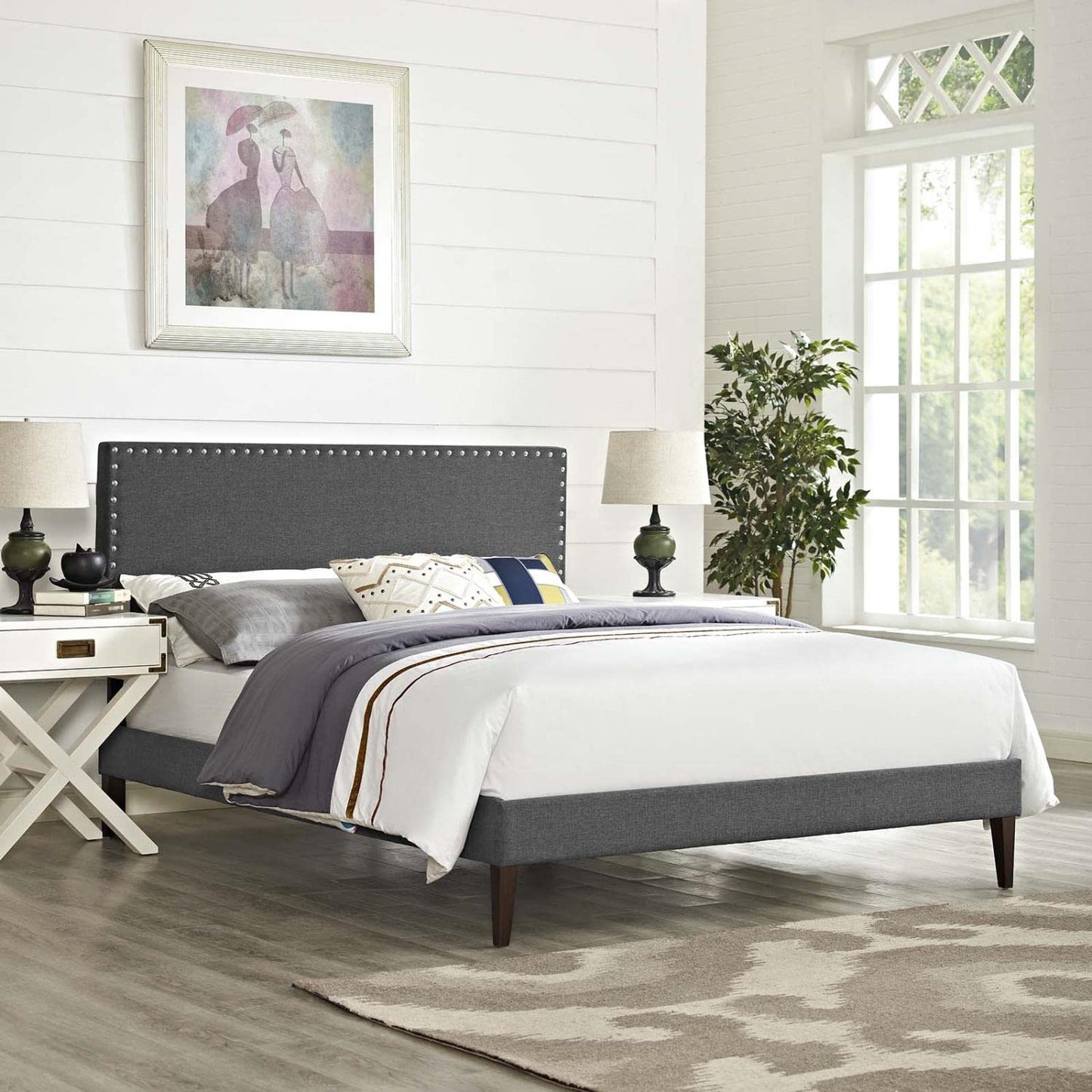 Bed | CasaFoyer Macie Platform Bed | Solid Wood Frame | Polyester Upholstery | Tapered Wood Legs | Memory Foam Mattress Compatible | Gray | casafoyer.myshopify.com