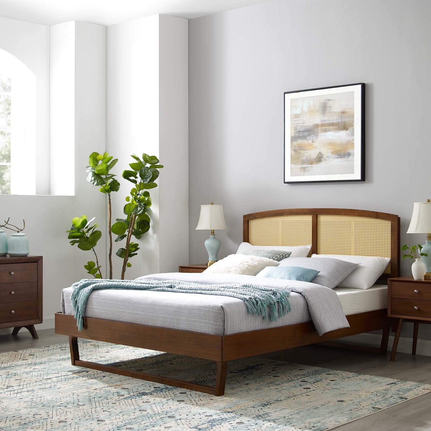 Bed | CasaFoyer Sierra Woven Cane Rattan Wood King Platform Bed | Tropical Mid-Century Design | Durable Construction | Easy Assembly | Includes Headboard & Frame | casafoyer.myshopify.com