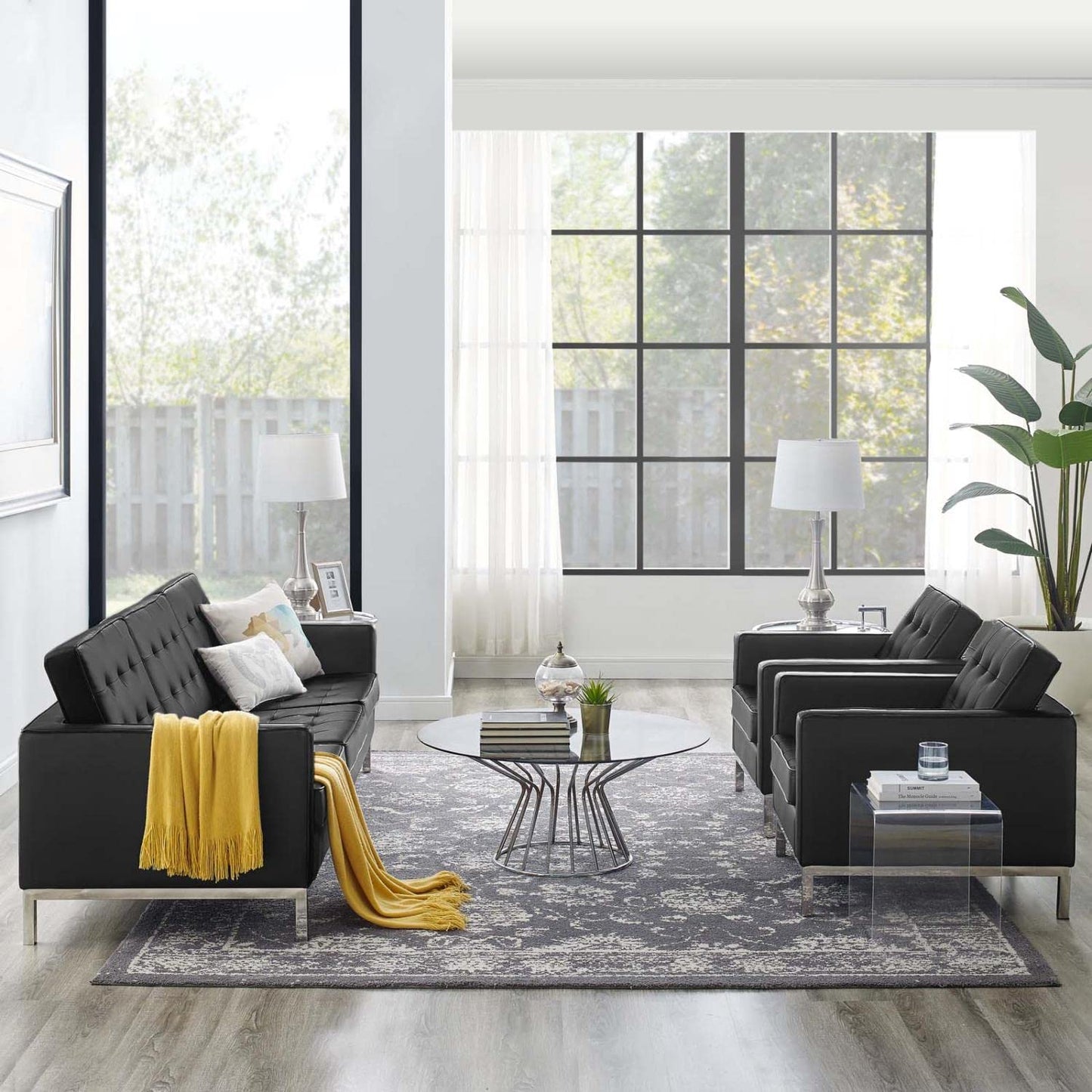 kitchen and dining room sets | CasaFoyer Loft 3 Piece Tufted Faux Leather Accent Set | Modern Mid-Century Style | Sofa & 2 Armchairs | Silver Black | 900 lbs Weight Capacity | casafoyer.myshopify.com