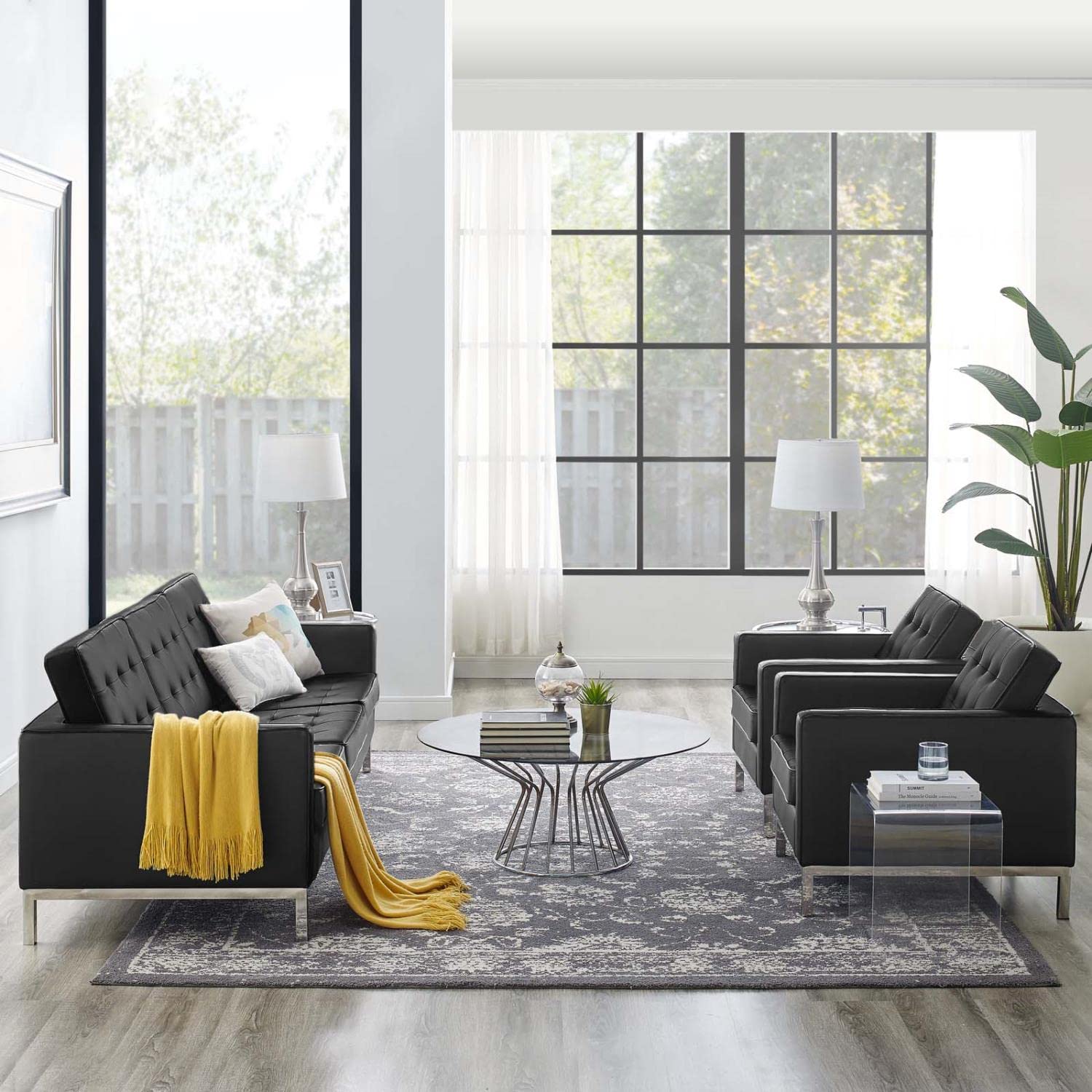 kitchen and dining room sets | CasaFoyer Loft 3 Piece Tufted Faux Leather Accent Set | Modern Mid-Century Style | Sofa & 2 Armchairs | Silver Black | 900 lbs Weight Capacity | casafoyer.myshopify.com