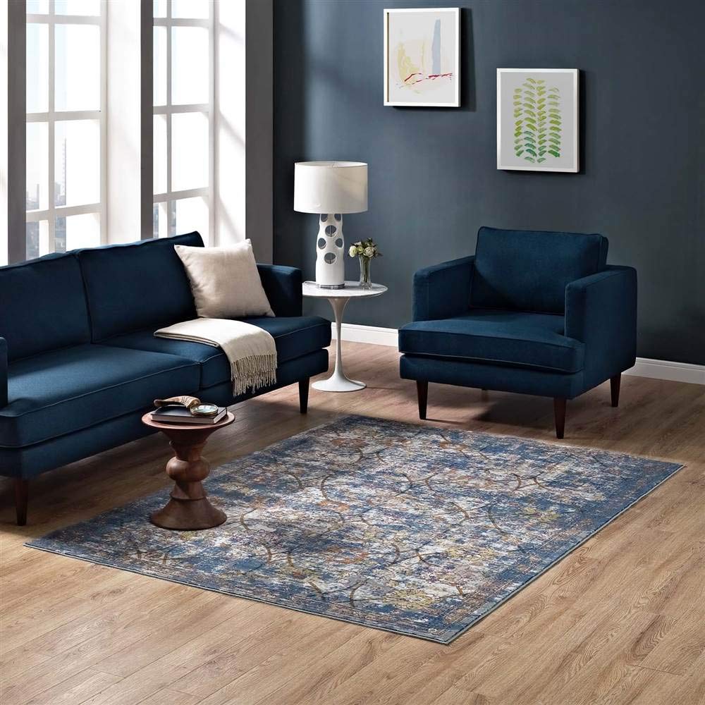 Carpet & Rugs | CasaFoyer Minu Distressed Floral Lattice Area Rug | Durable Polypropylene | Elegant Design | Rubber Bottom | Low Pile Weave | Non-Shedding | Stain Resistant | 5x8 Size | Blue Gray, Yellow, Orange | casafoyer.myshopify.com