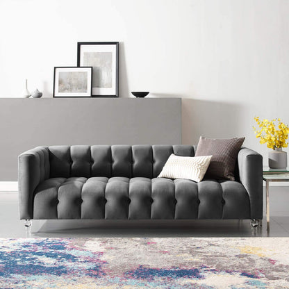 sofas | CasaFoyer Mesmer Channel Tufted Button Performance Velvet Upholstered Sofa | Vintage Glamour | Stain-Resistant | Premium Seating | Charcoal | casafoyer.myshopify.com