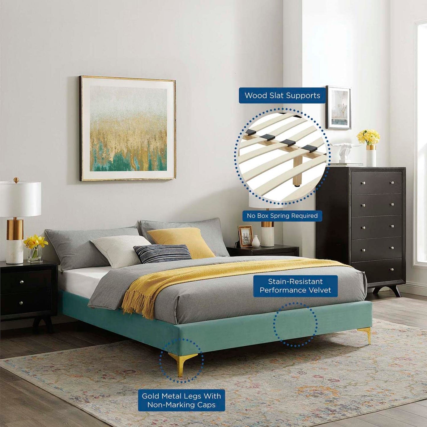 Bed | CasaFoyer Sutton Performance Velvet King Bed Frame | Stain-Resistant | Durable | Supports Memory Foam, Innerspring, Latex, and Hybrid Mattresses | No Box Spring Needed | Gold Metal Legs | 800 lbs Weight Capacity | casafoyer.myshopify.com