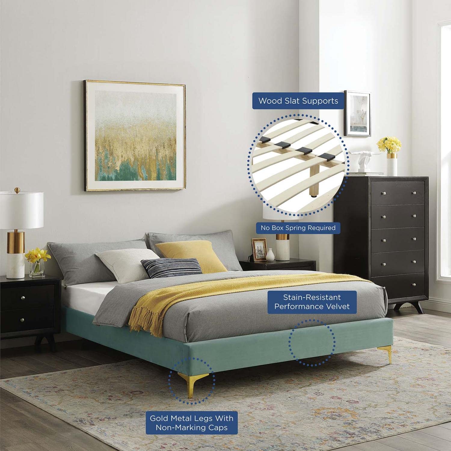 Bed | CasaFoyer Sutton Performance Velvet King Bed Frame | Stain-Resistant | Durable | Supports Memory Foam, Innerspring, Latex, and Hybrid Mattresses | No Box Spring Needed | Gold Metal Legs | 800 lbs Weight Capacity | casafoyer.myshopify.com