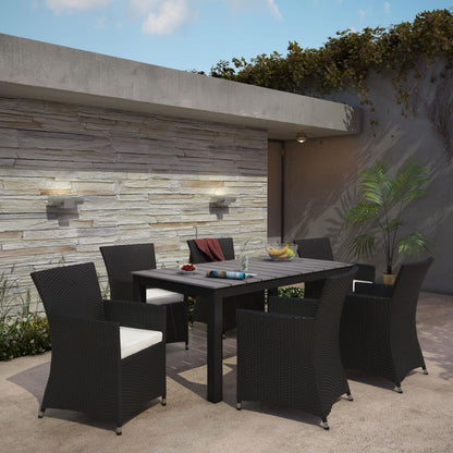 Dining Table | Junction Outdoor Patio Dining Furniture Set | Elegant & Practical | Synthetic Rattan | All-Weather Cushions | Easy Maintenance | Ideal for Modern Outdoor Spaces | Includes 63 Dining Table & 6 Armchairs | casafoyer.myshopify.com