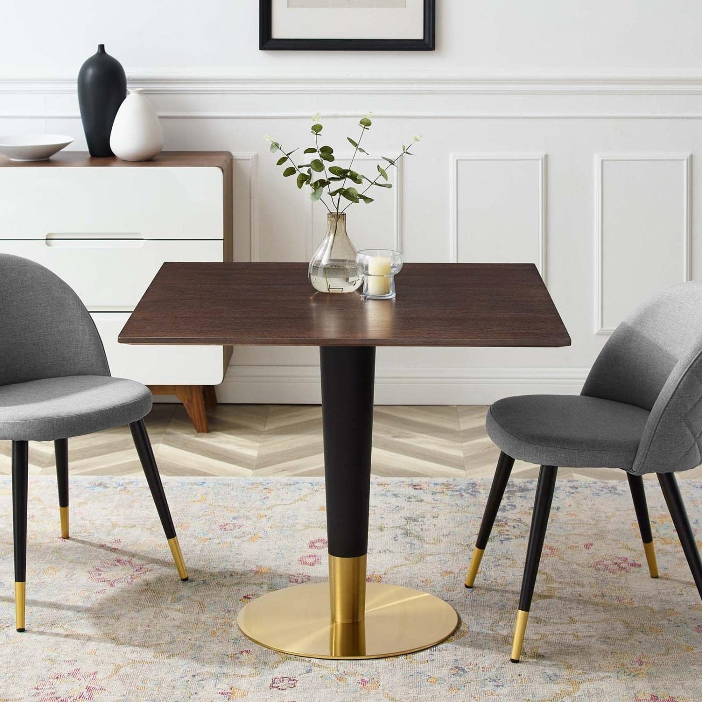 patio dining tables | CasaFoyer Zinque Dining Table | Modern Mid-Century Design | Black & Gold Base | MDF Wood Grain Veneer | Non-Marking Ring | Easy to Clean | casafoyer.myshopify.com
