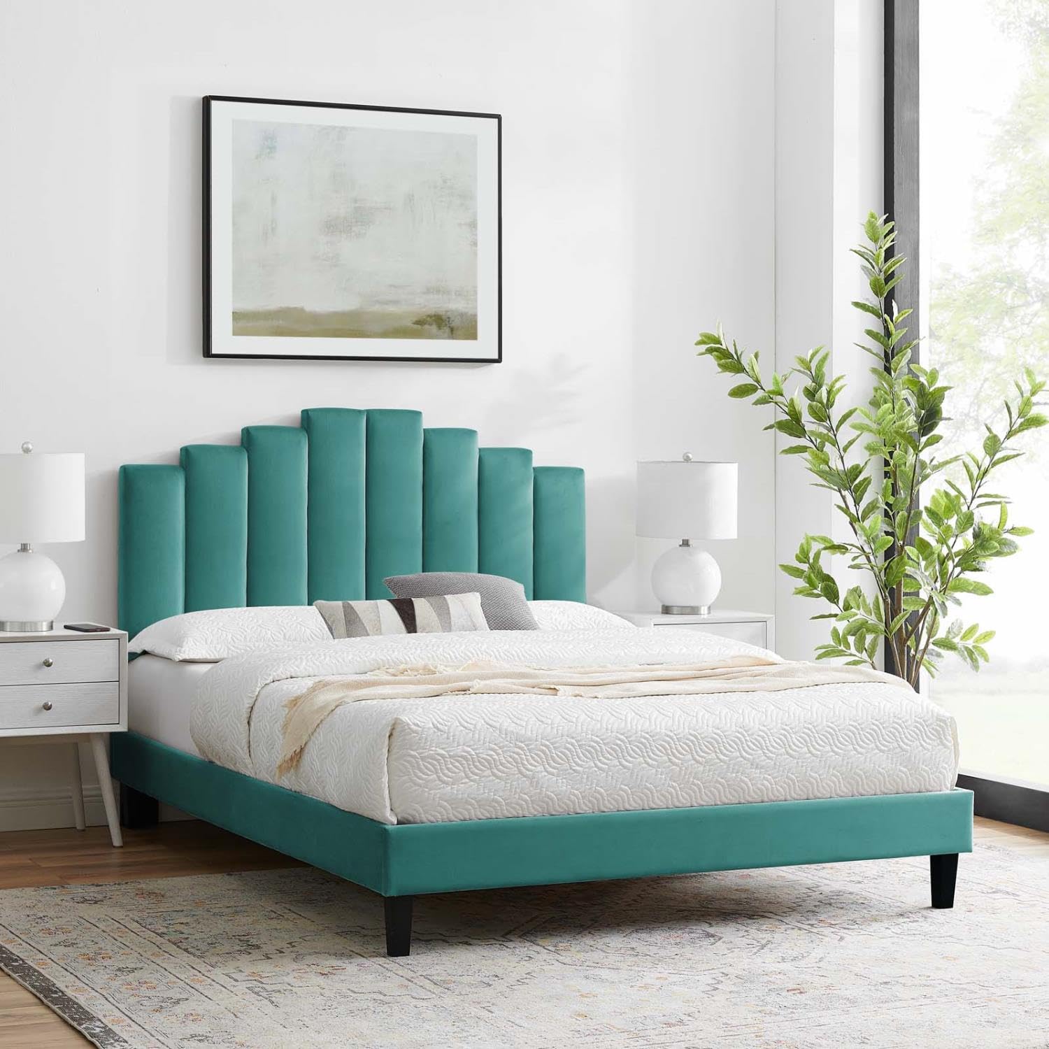 adjustable bed bases | CasaFoyer Elise Performance Velvet Queen Platform Bed | Art Deco Style | Stain-Resistant | Memory Foam Compatible | 800 lbs Weight Capacity | casafoyer.myshopify.com