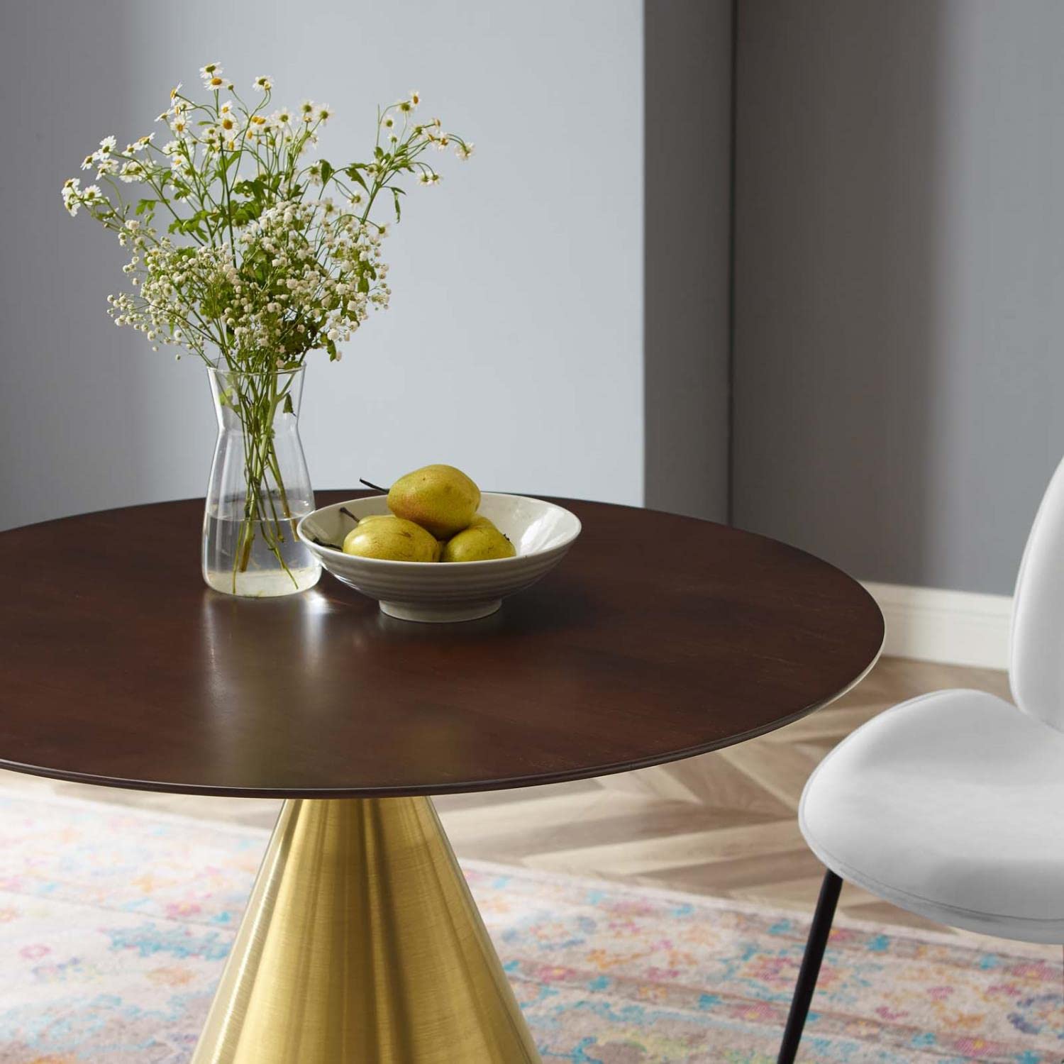 patio dining tables | CasaFoyer Tupelo 36 Dining Table | Modern Style | Mid-Century Charm | Organic Shape | Polished Gold Metal Base | MDF & Wood Grain Veneer | Non-Marking Ring | casafoyer.myshopify.com
