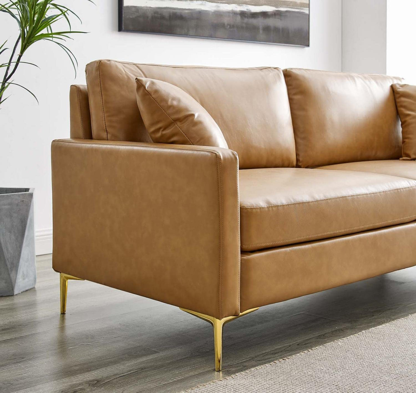 sofas | CasaFoyer Juliana Vegan Leather Sofa | Mid-Century Style | Gold Accents | Foam Padding | 900 lbs Capacity | Portable Box Delivery | casafoyer.myshopify.com