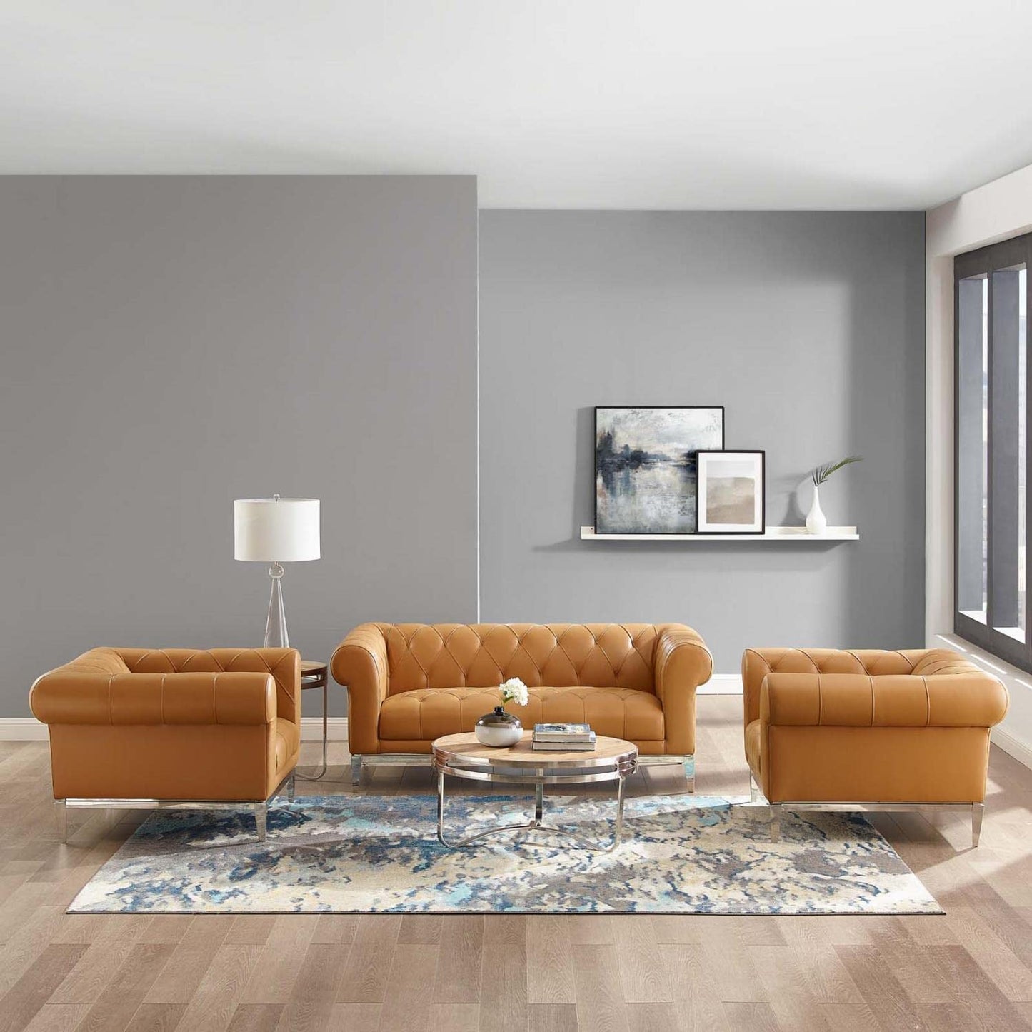 kitchen and dining room sets | CasaFoyer Idyll Leather Chesterfield Loveseat | 2 Armchair Set - Luxurious & Comfortable | Tan Leather Upholstery | Rolled Arms | Tufted Button Accents | Sturdy Stainless Steel Frame | Weight Capacity: Loveseat - 600 lbs, Armchair - 300 lbs | casafoyer.myshopify.com